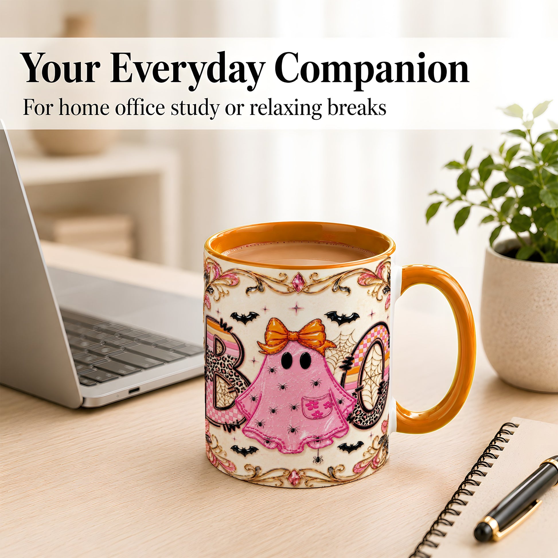 #pl[11oz|Orange] Pink Ghost Halloween Coffee Mug, Bow Ghost Mug, Ceramic Cup
