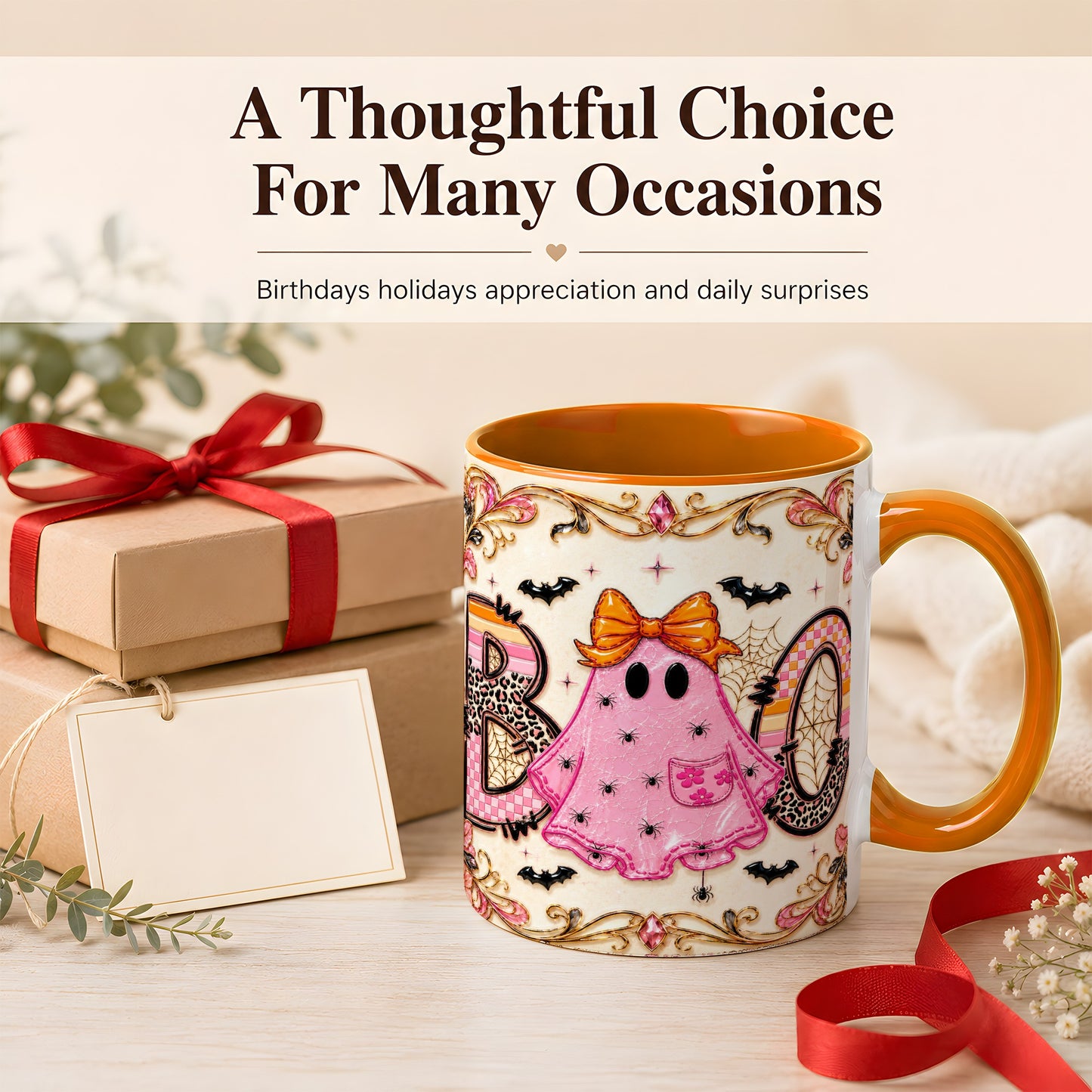 #pl[11oz|Orange] Pink Ghost Halloween Coffee Mug, Bow Ghost Mug, Ceramic Cup