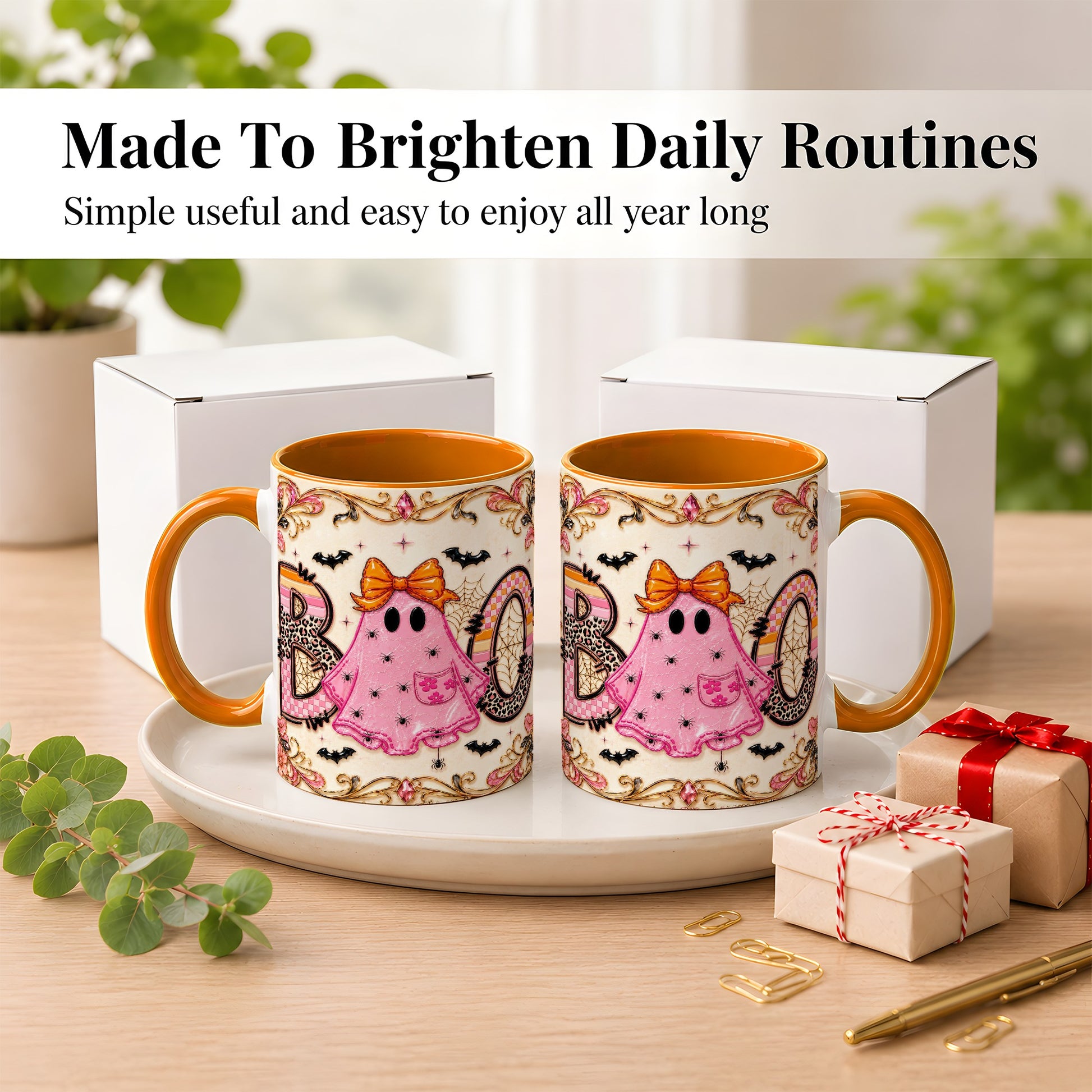 #pl[11oz|Orange] Pink Ghost Halloween Coffee Mug, Bow Ghost Mug, Ceramic Cup