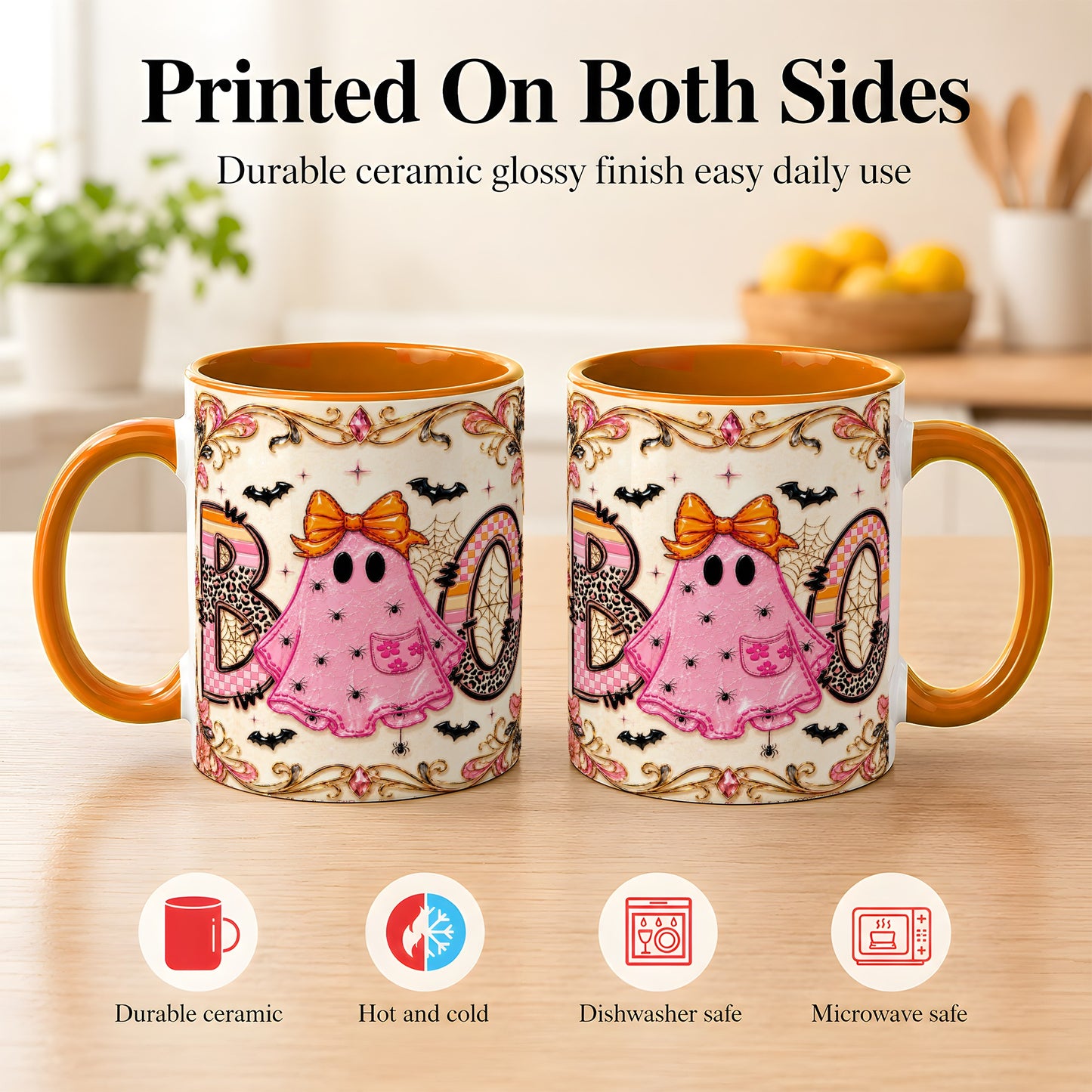 #pl[11oz|Orange] Pink Ghost Halloween Coffee Mug, Bow Ghost Mug, Ceramic Cup