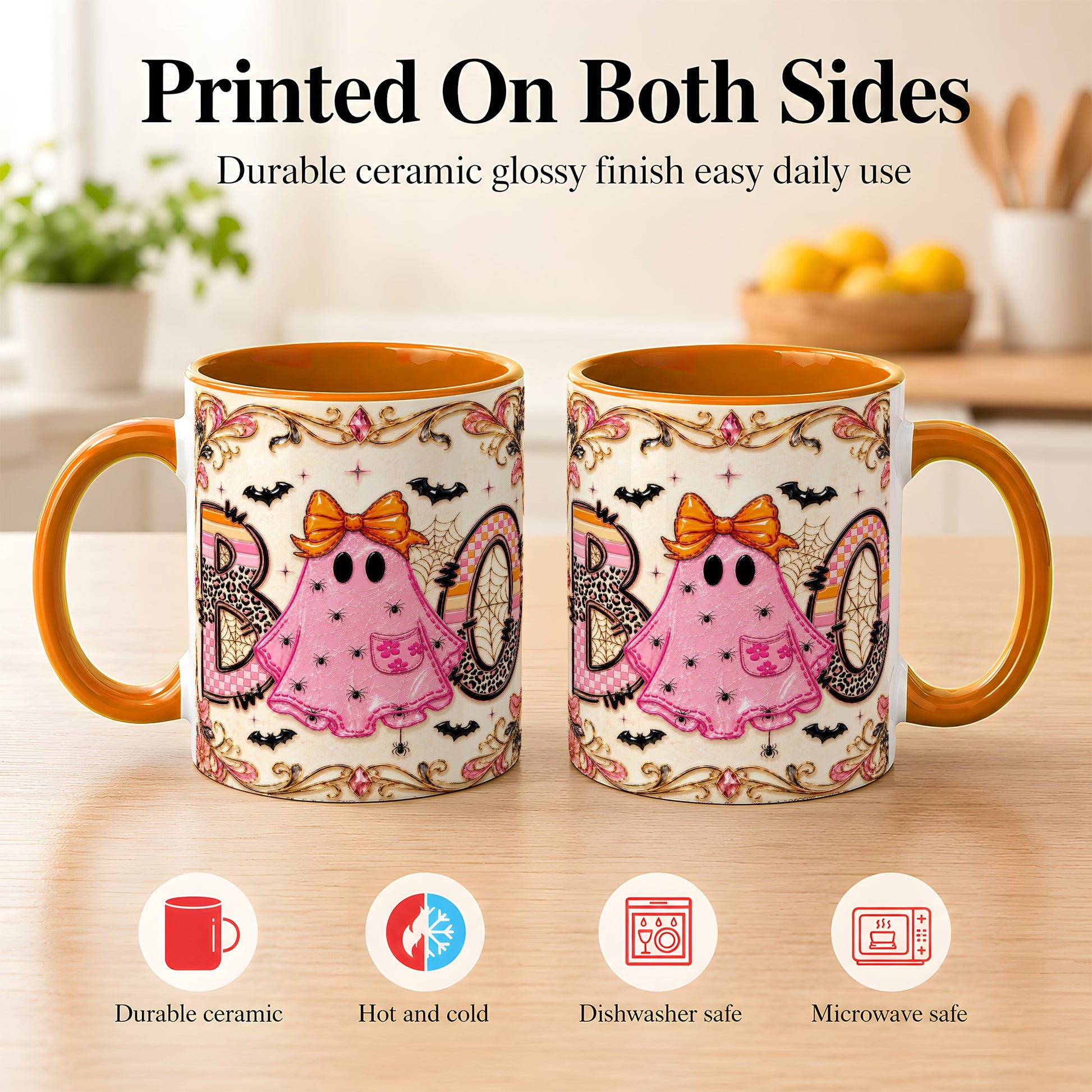 #pl[11oz|Orange] Pink Ghost Halloween Coffee Mug, Bow Ghost Mug, Ceramic Cup