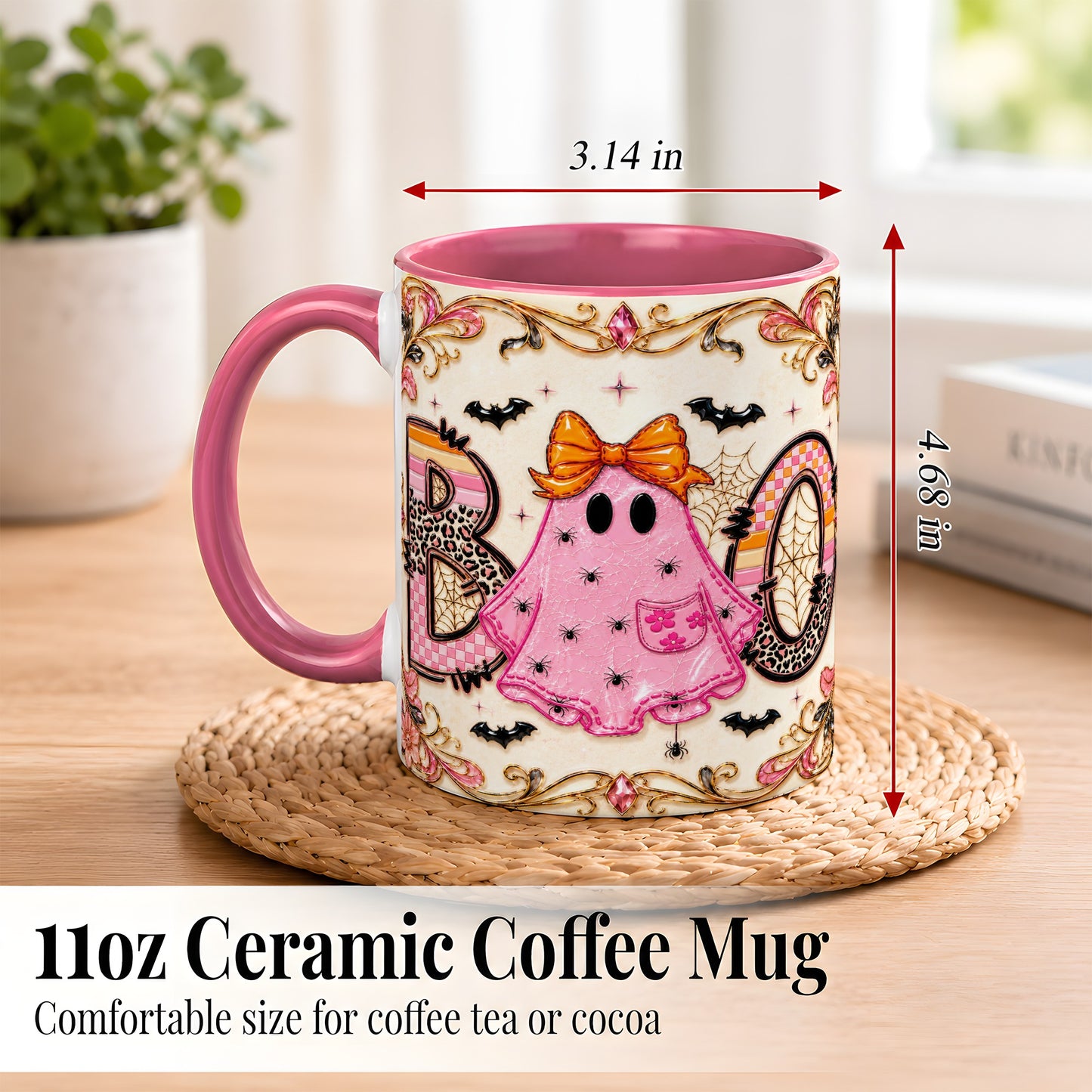 #pl[11oz|Pink] Pink Ghost Halloween Coffee Mug, Bow Ghost Mug, Ceramic Cup