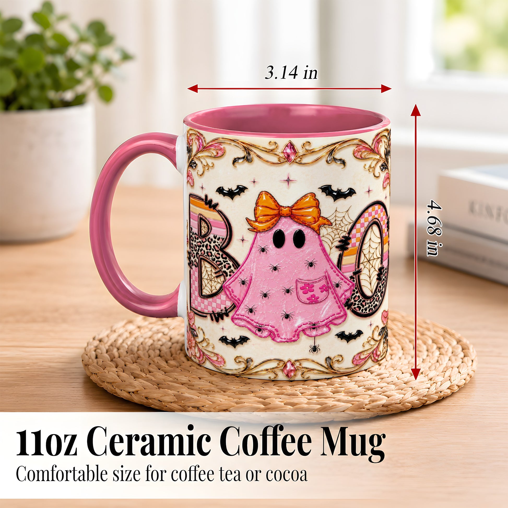 #pl[11oz|Pink] Pink Ghost Halloween Coffee Mug, Bow Ghost Mug, Ceramic Cup