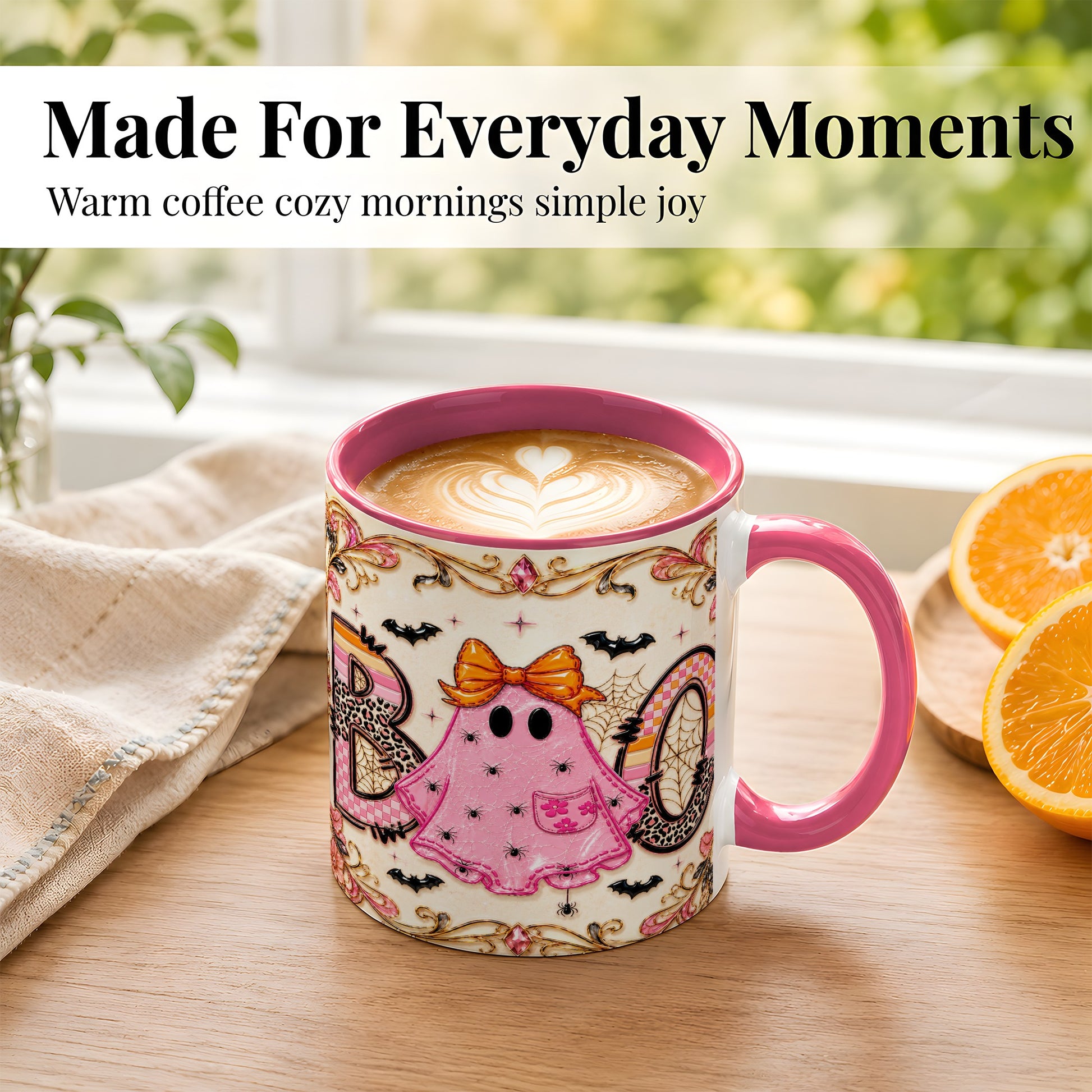 #pl[11oz|Pink] Pink Ghost Halloween Coffee Mug, Bow Ghost Mug, Ceramic Cup