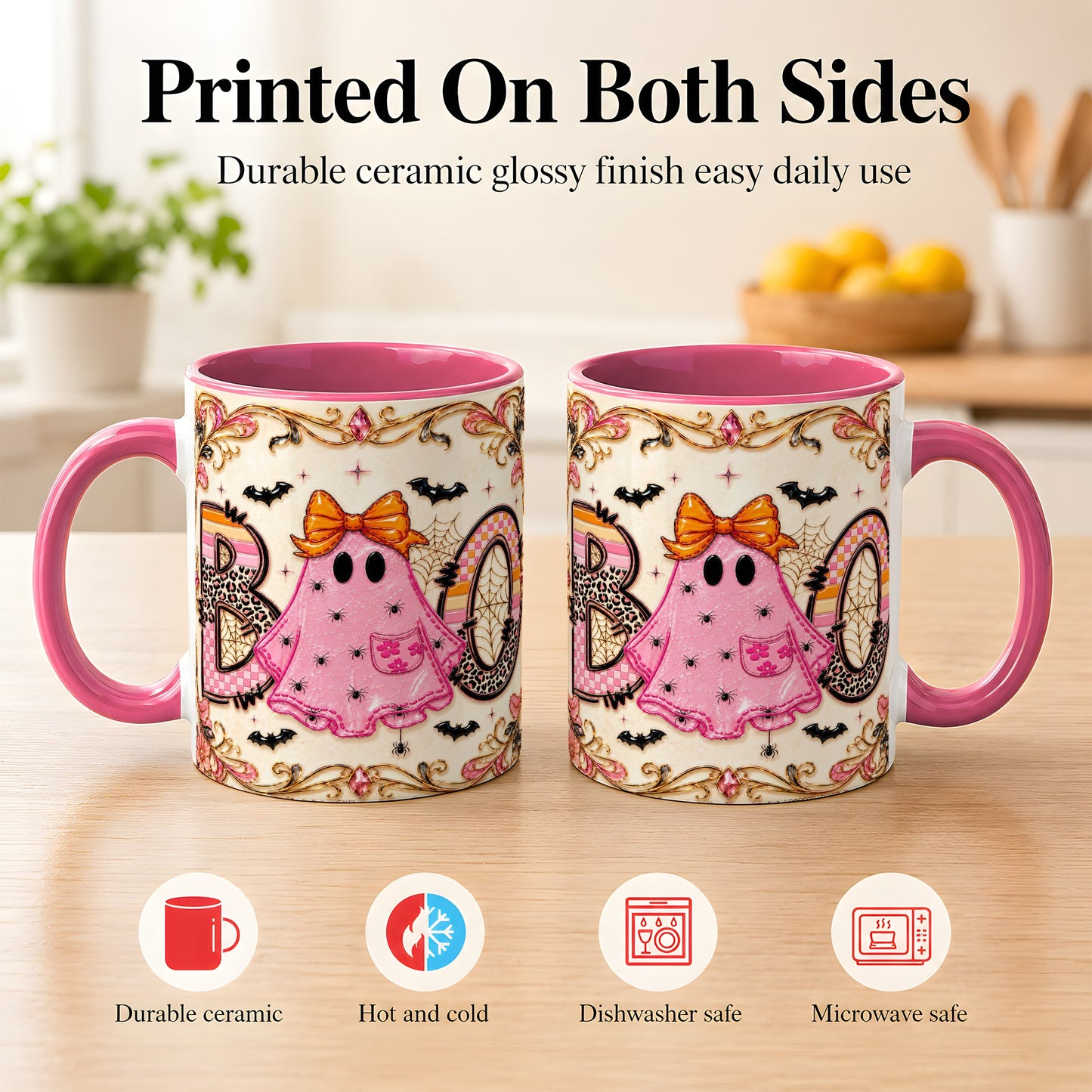 #pl[11oz|Pink] Pink Ghost Halloween Coffee Mug, Bow Ghost Mug, Ceramic Cup