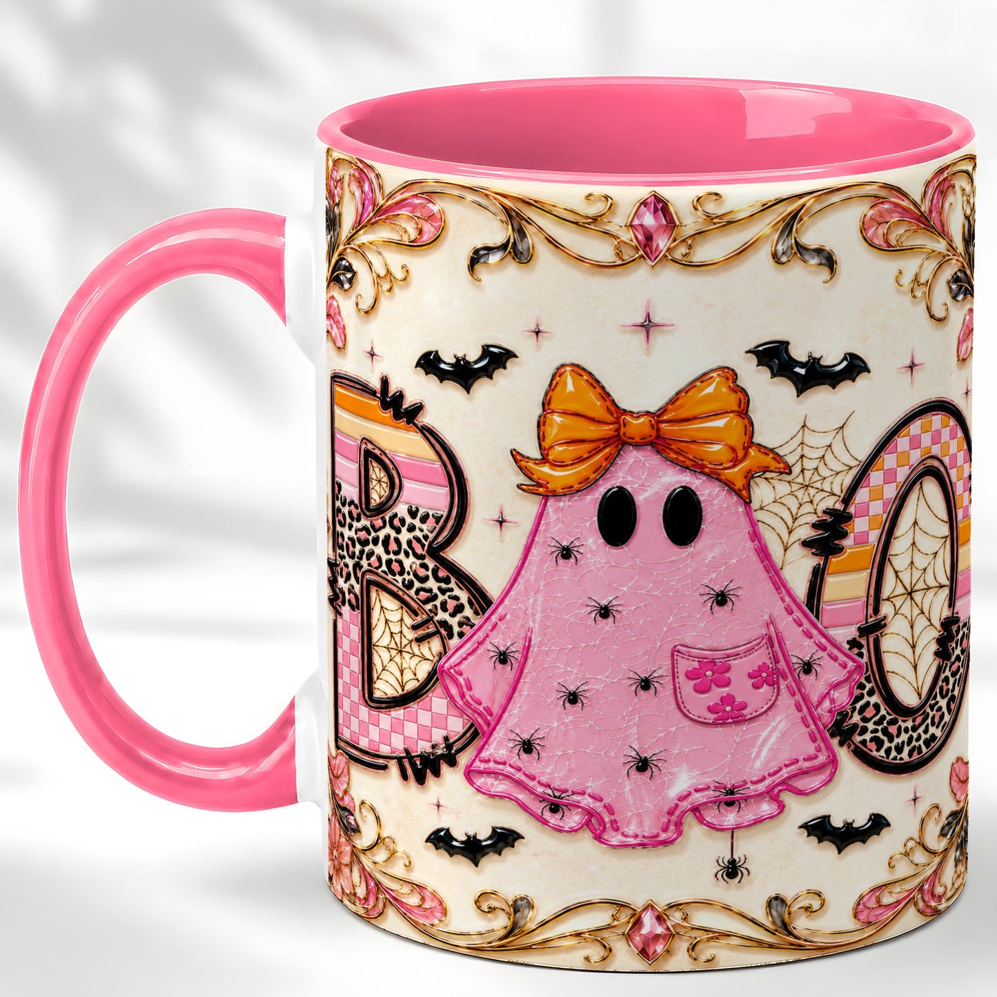#pl[11oz|Pink] Pink Ghost Halloween Coffee Mug, Bow Ghost Mug, Ceramic Cup