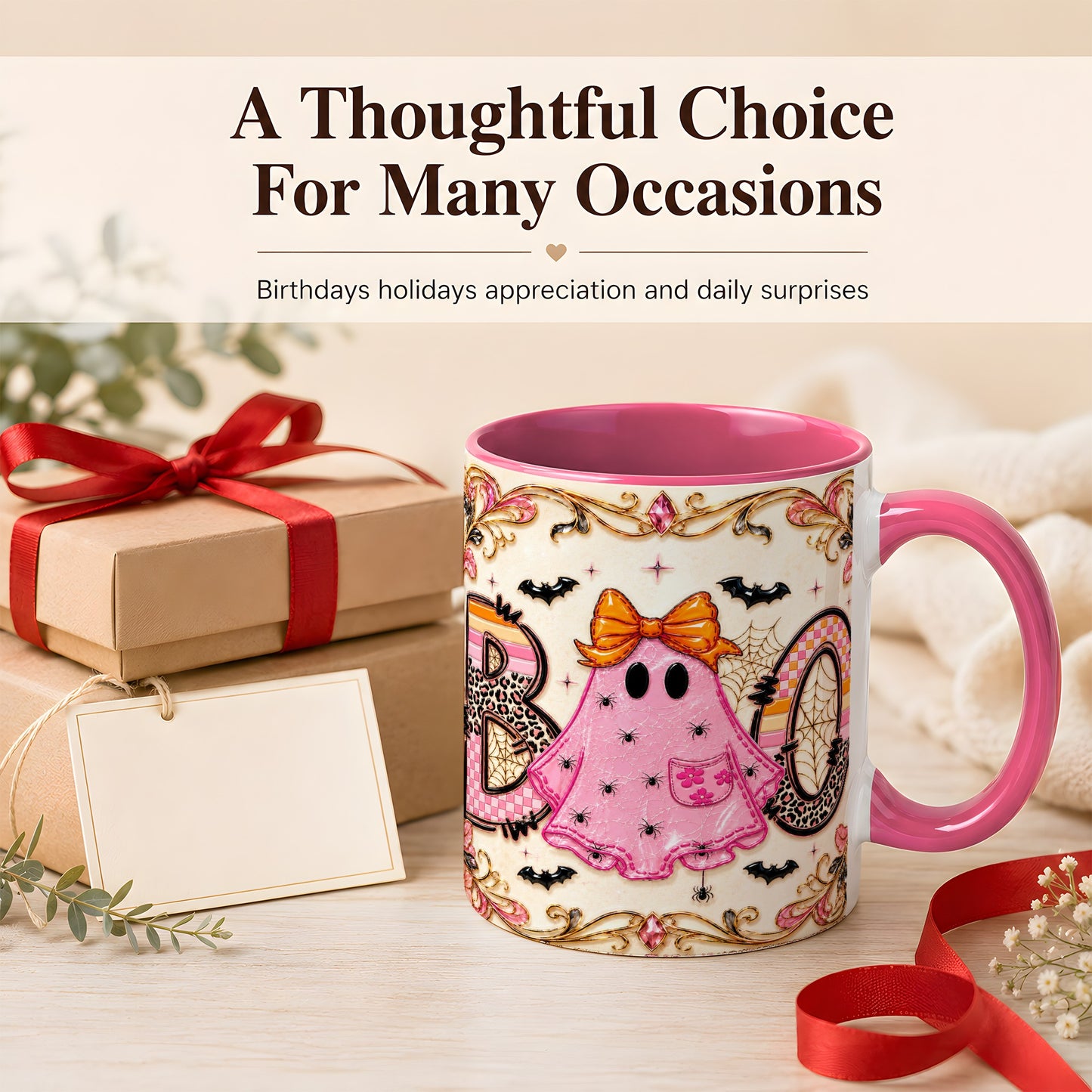 #pl[11oz|Pink] Pink Ghost Halloween Coffee Mug, Bow Ghost Mug, Ceramic Cup