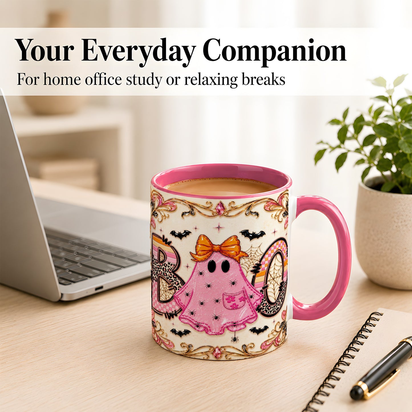 #pl[11oz|Pink] Pink Ghost Halloween Coffee Mug, Bow Ghost Mug, Ceramic Cup