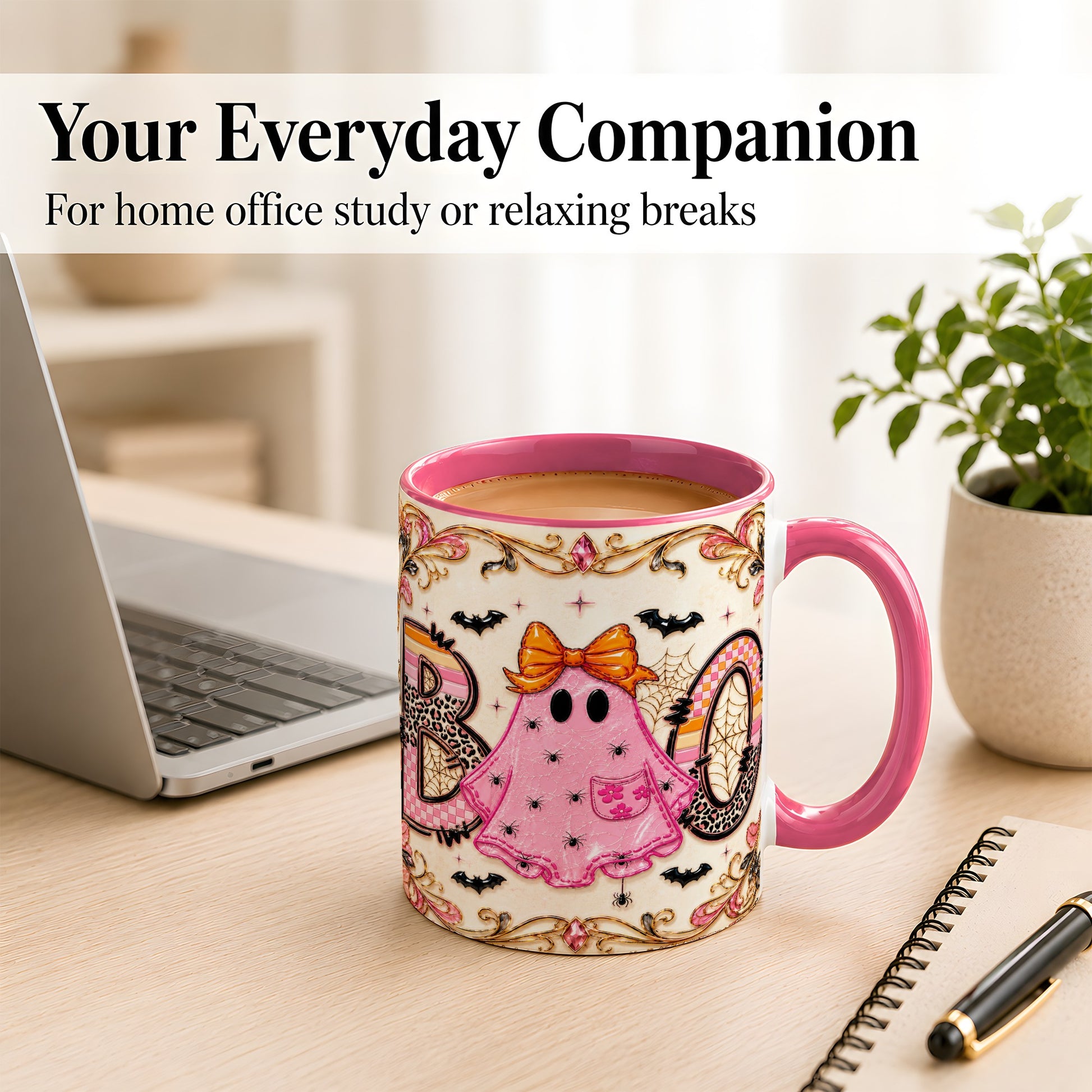 #pl[11oz|Pink] Pink Ghost Halloween Coffee Mug, Bow Ghost Mug, Ceramic Cup