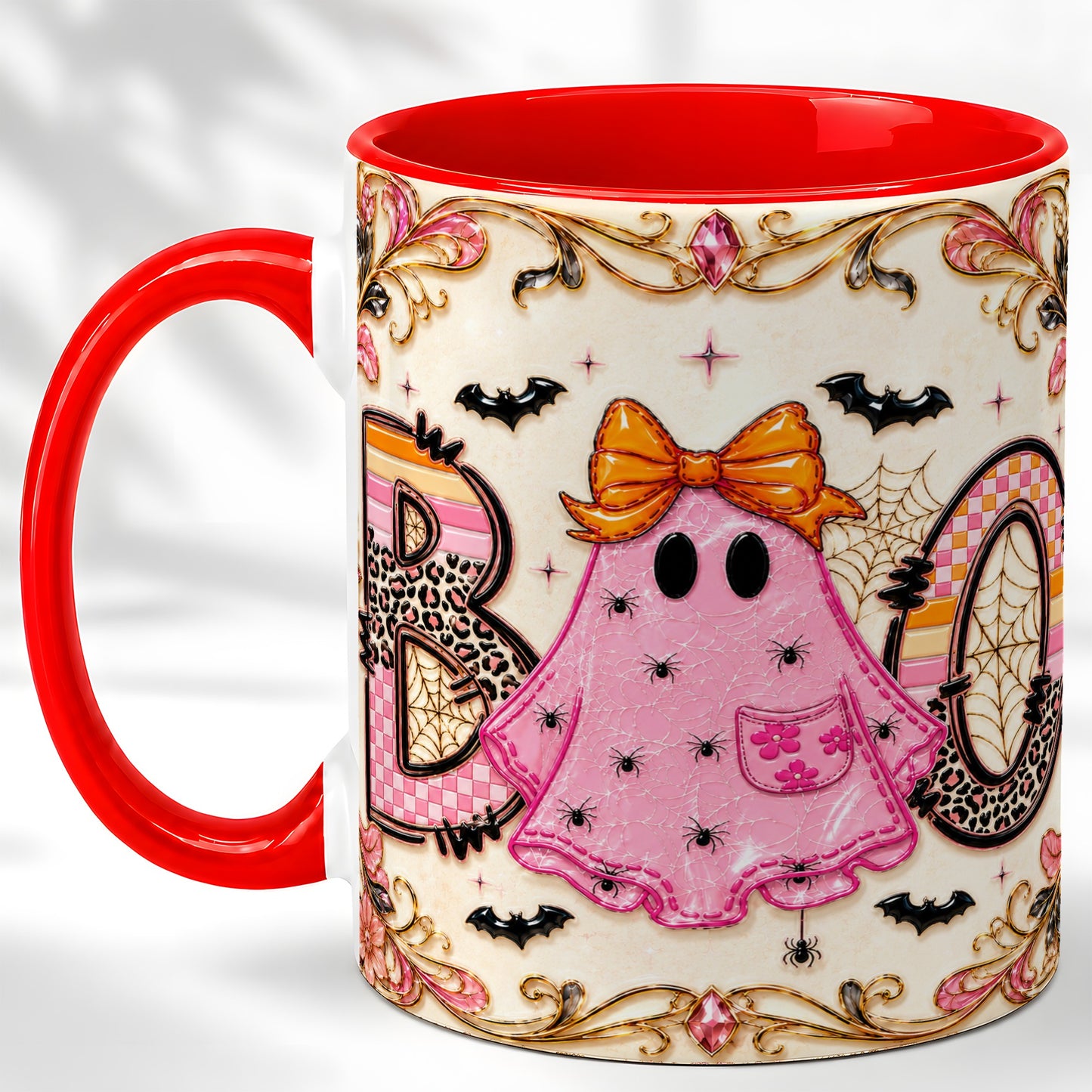 #pl[11oz|Red] Pink Ghost Halloween Coffee Mug, Bow Ghost Mug, Ceramic Cup