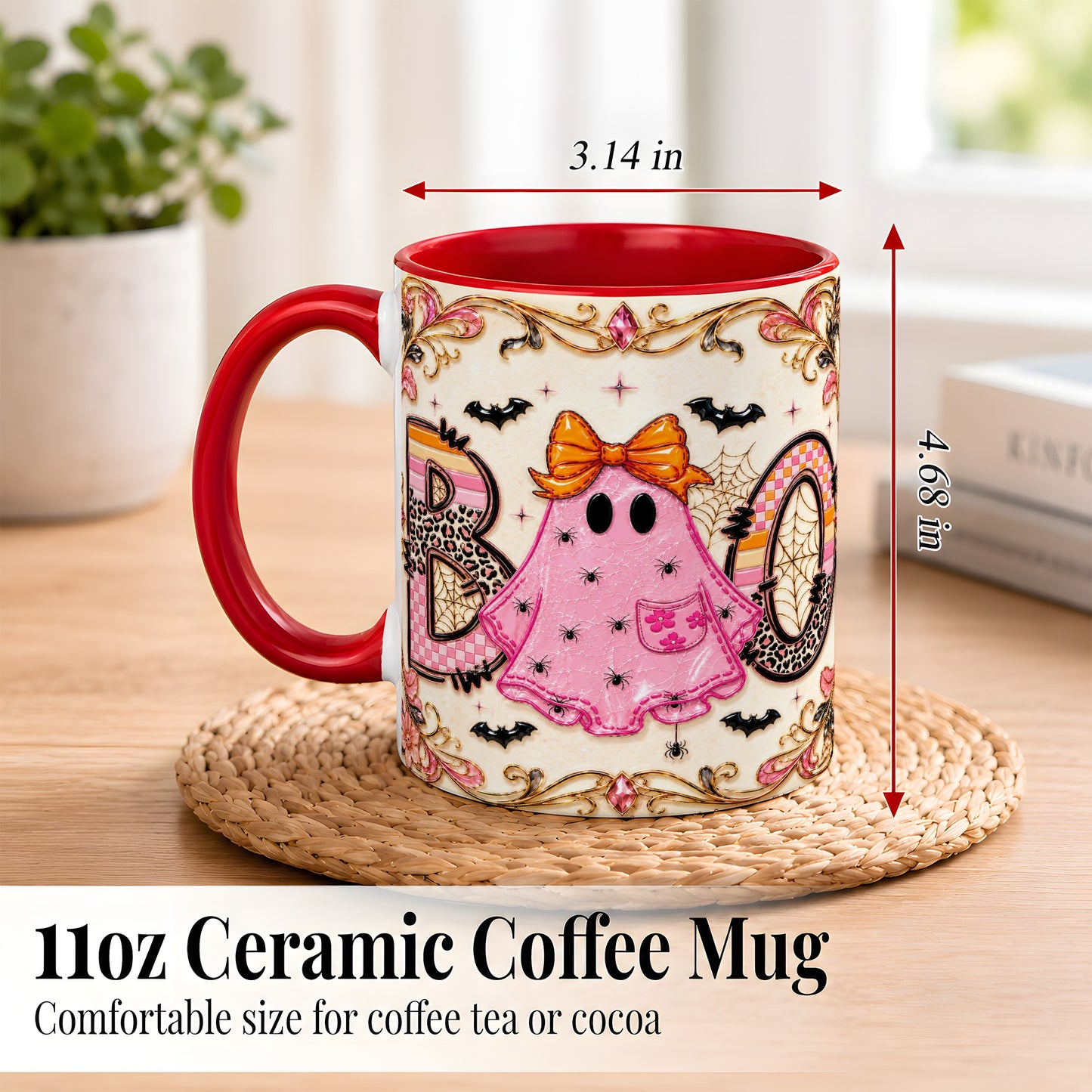 #pl[11oz|Red] Pink Ghost Halloween Coffee Mug, Bow Ghost Mug, Ceramic Cup