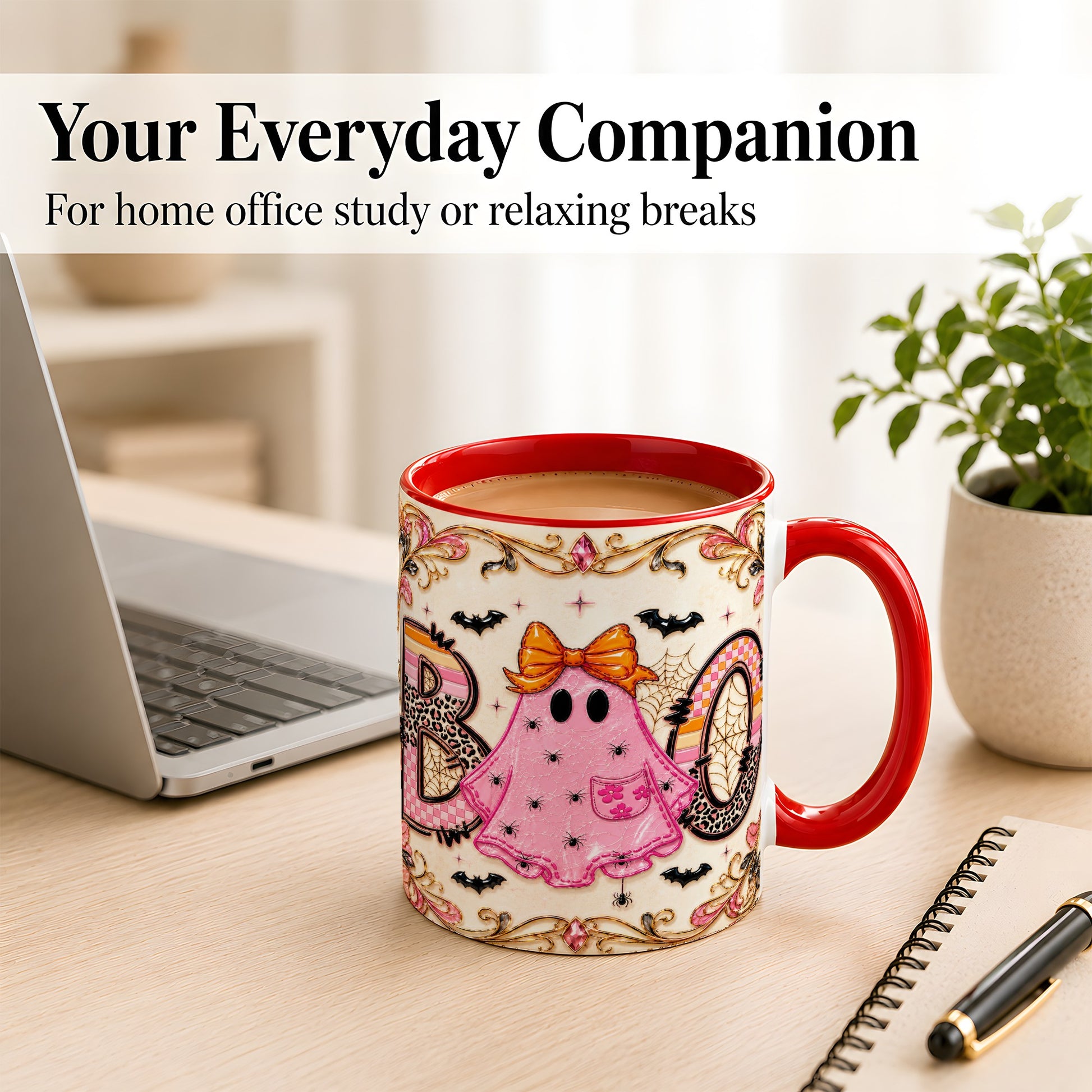 #pl[11oz|Red] Pink Ghost Halloween Coffee Mug, Bow Ghost Mug, Ceramic Cup
