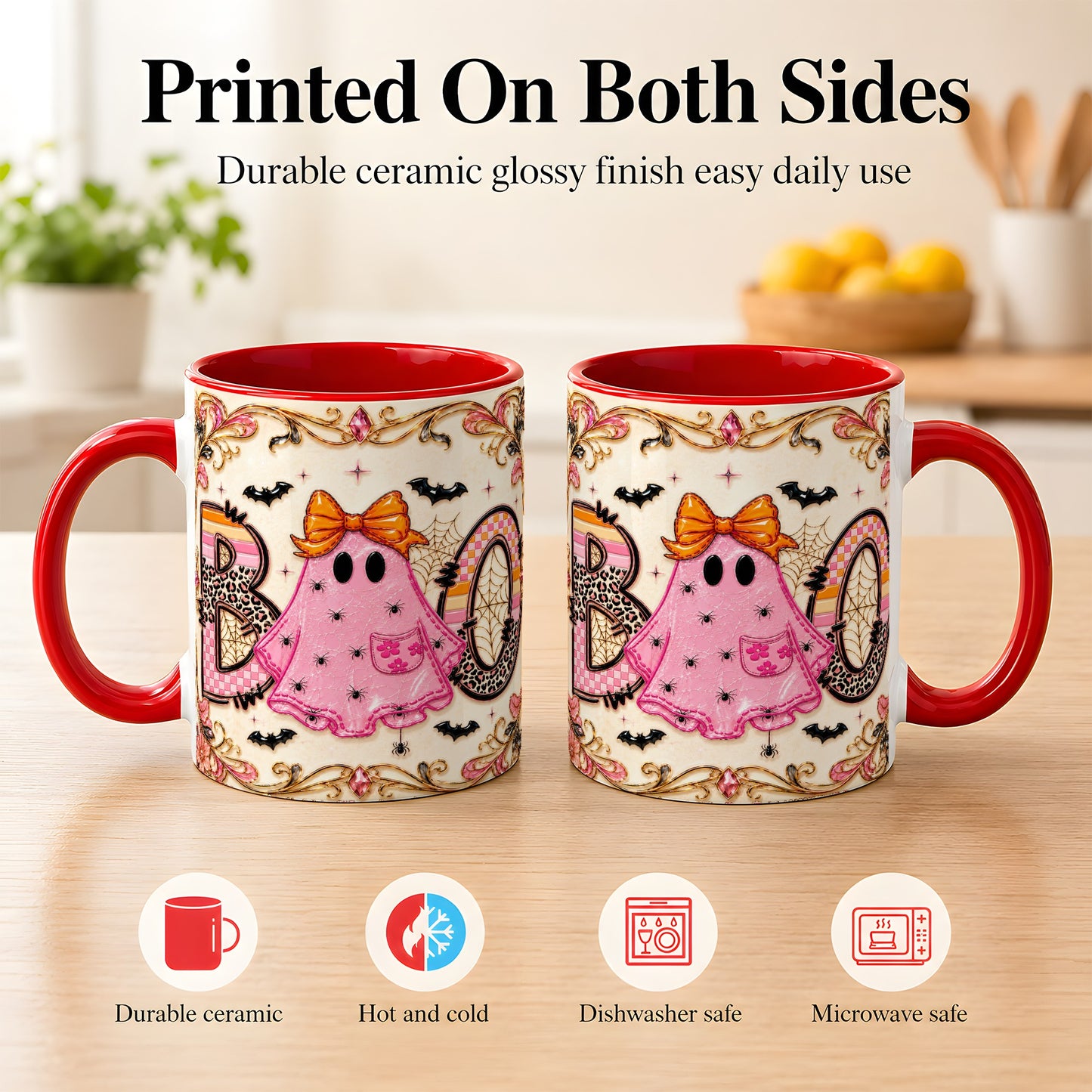 #pl[11oz|Red] Pink Ghost Halloween Coffee Mug, Bow Ghost Mug, Ceramic Cup