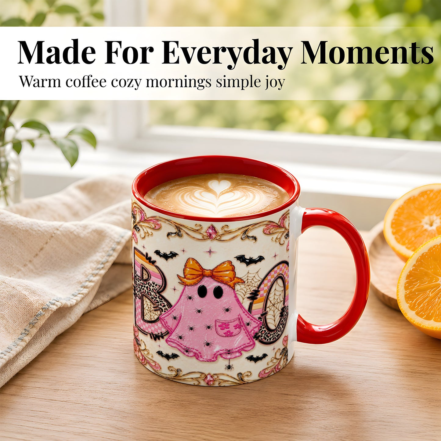 #pl[11oz|Red] Pink Ghost Halloween Coffee Mug, Bow Ghost Mug, Ceramic Cup