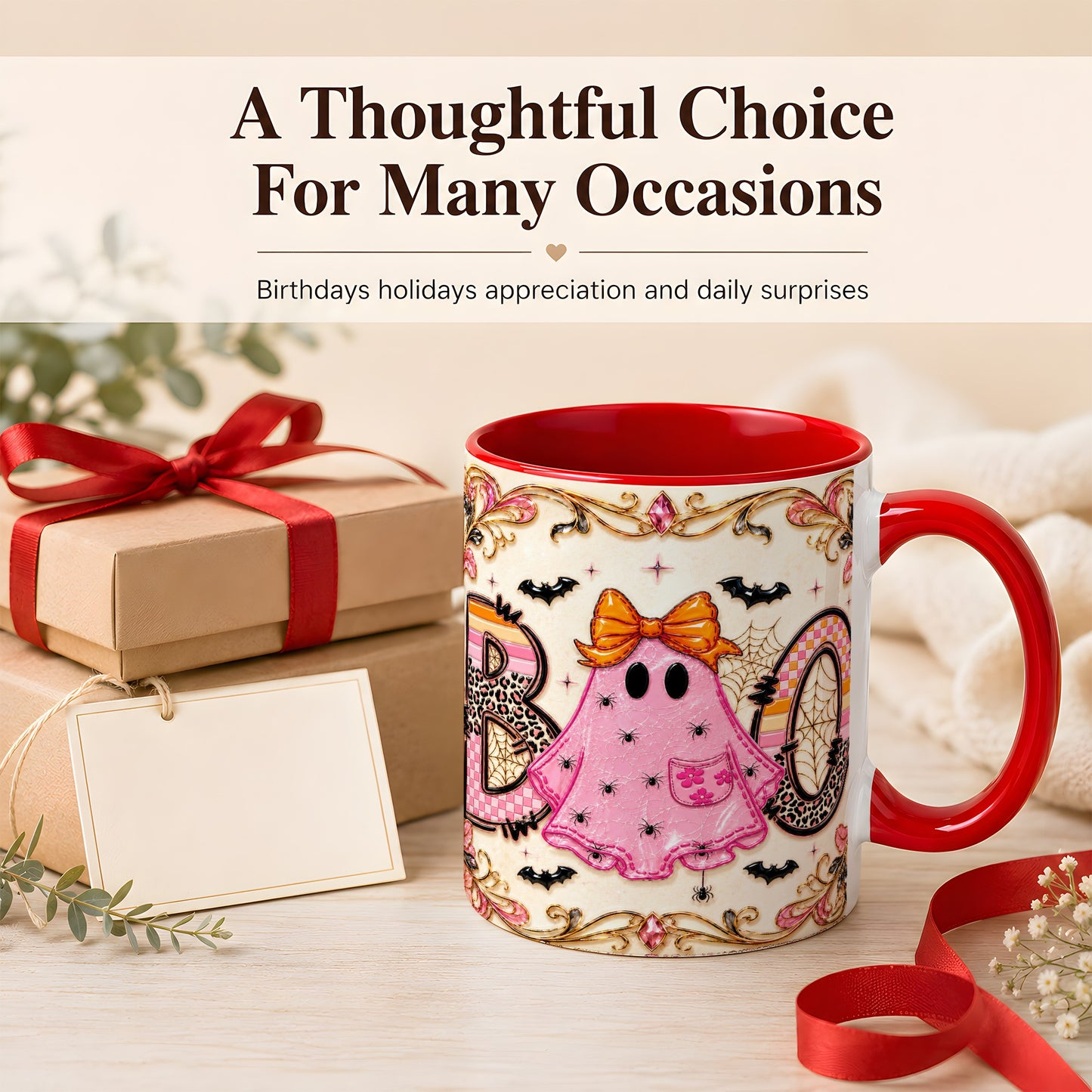#pl[11oz|Red] Pink Ghost Halloween Coffee Mug, Bow Ghost Mug, Ceramic Cup