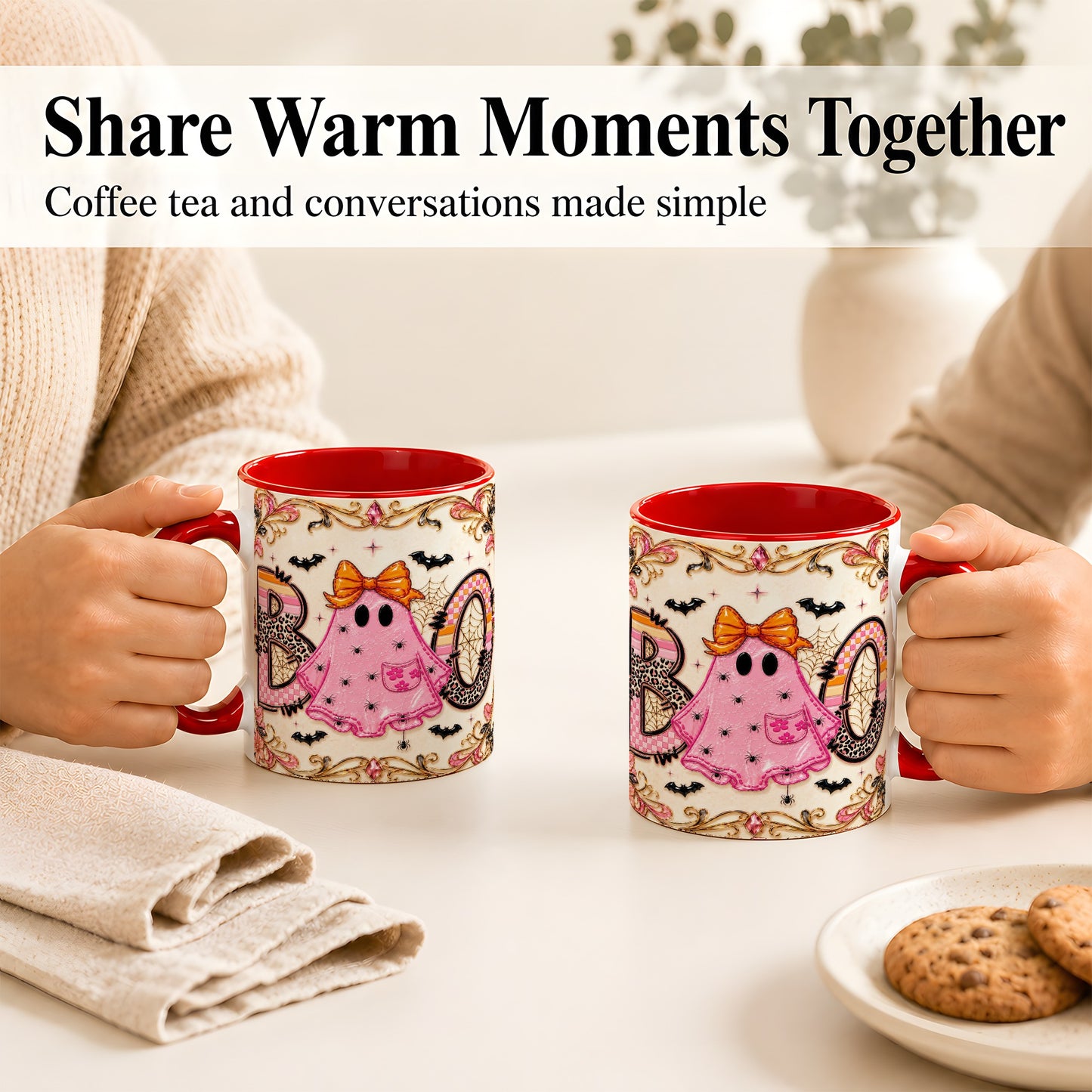 #pl[11oz|Red] Pink Ghost Halloween Coffee Mug, Bow Ghost Mug, Ceramic Cup