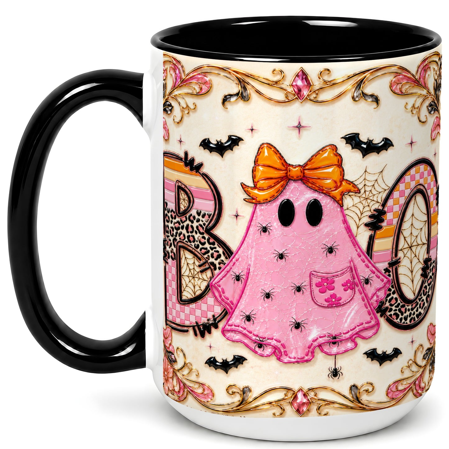 #pl[15oz|Black] Pink Ghost Halloween Coffee Mug, Bow Ghost Mug, Ceramic Cup