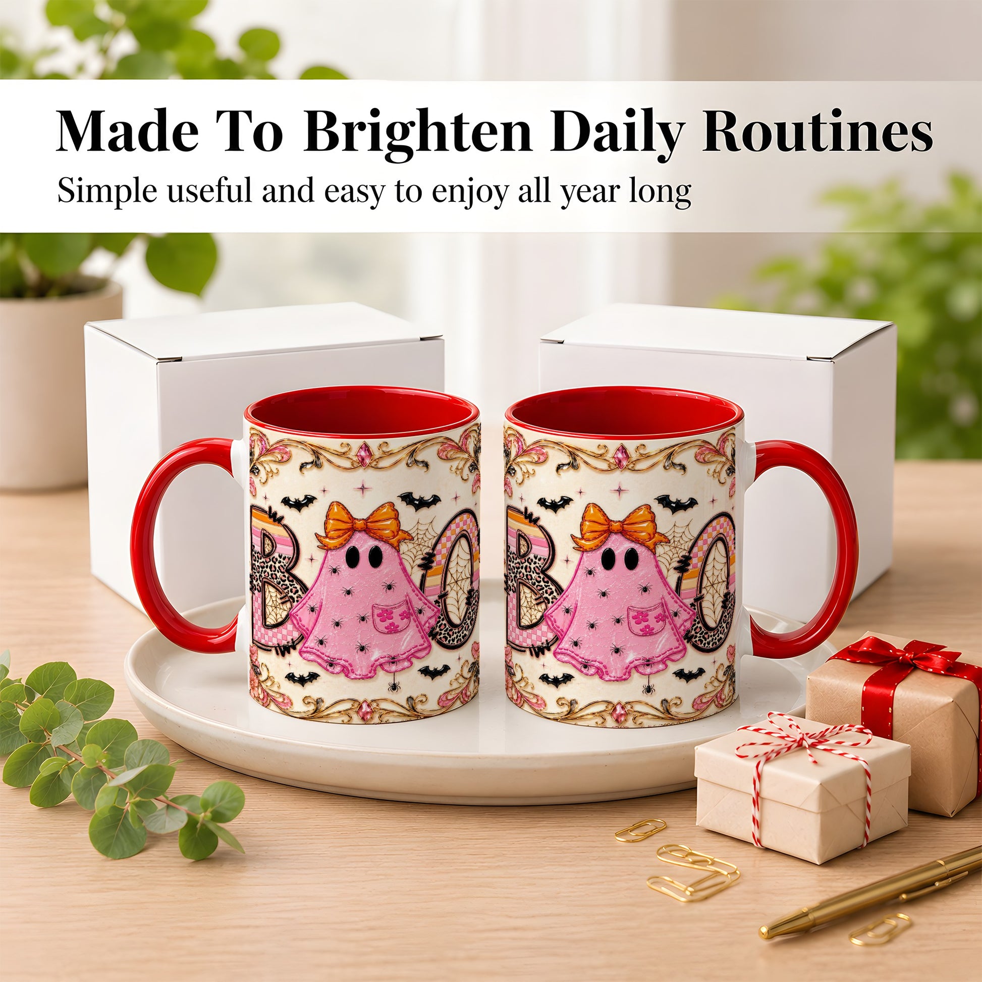 #pl[11oz|Red] Pink Ghost Halloween Coffee Mug, Bow Ghost Mug, Ceramic Cup