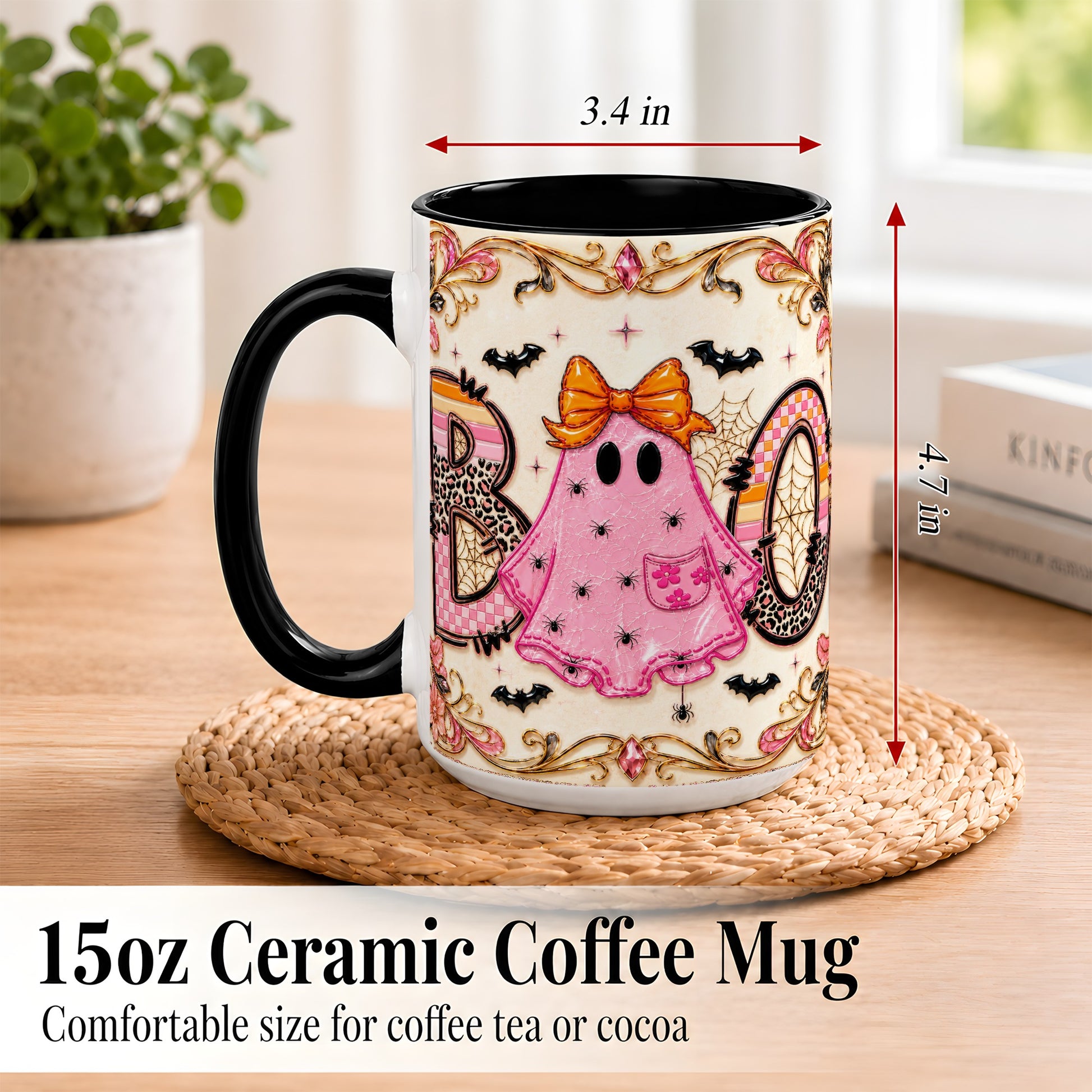 #pl[15oz|Black] Pink Ghost Halloween Coffee Mug, Bow Ghost Mug, Ceramic Cup