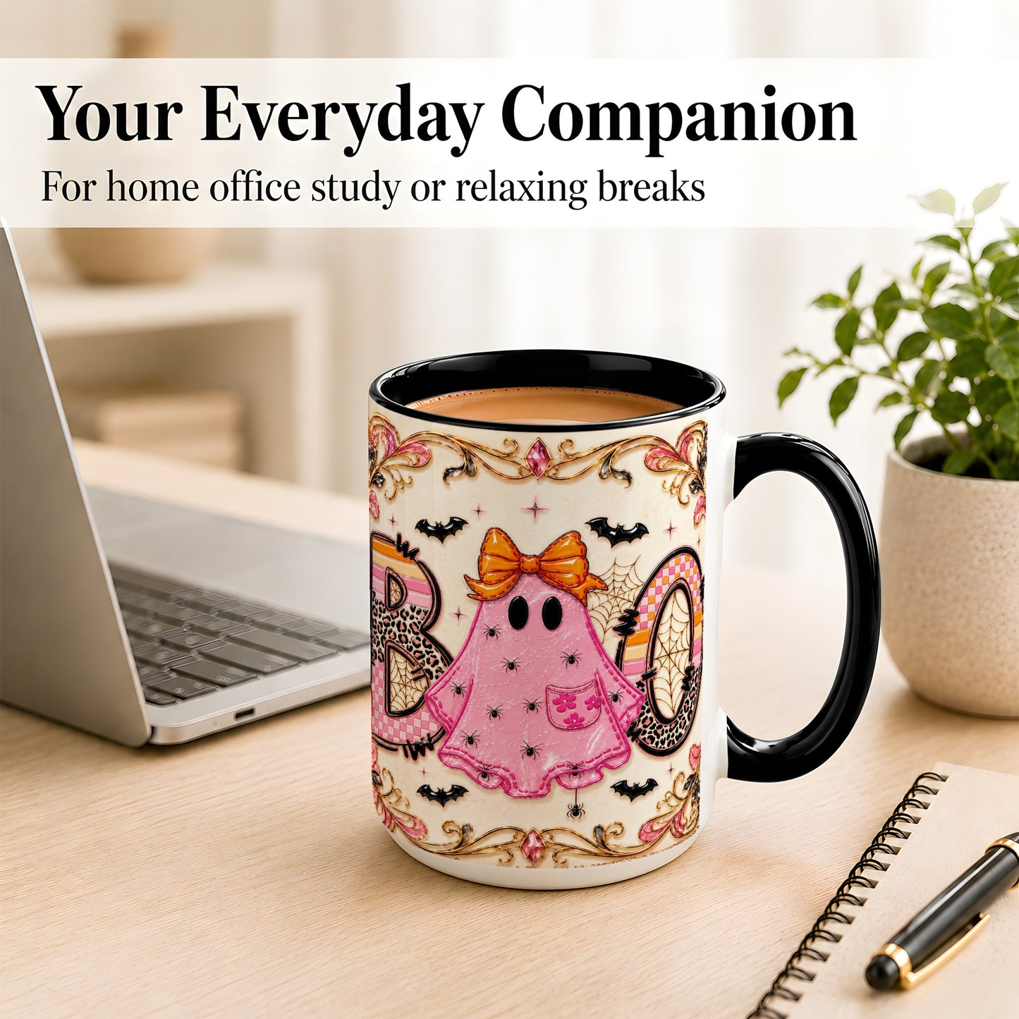 #pl[15oz|Black] Pink Ghost Halloween Coffee Mug, Bow Ghost Mug, Ceramic Cup