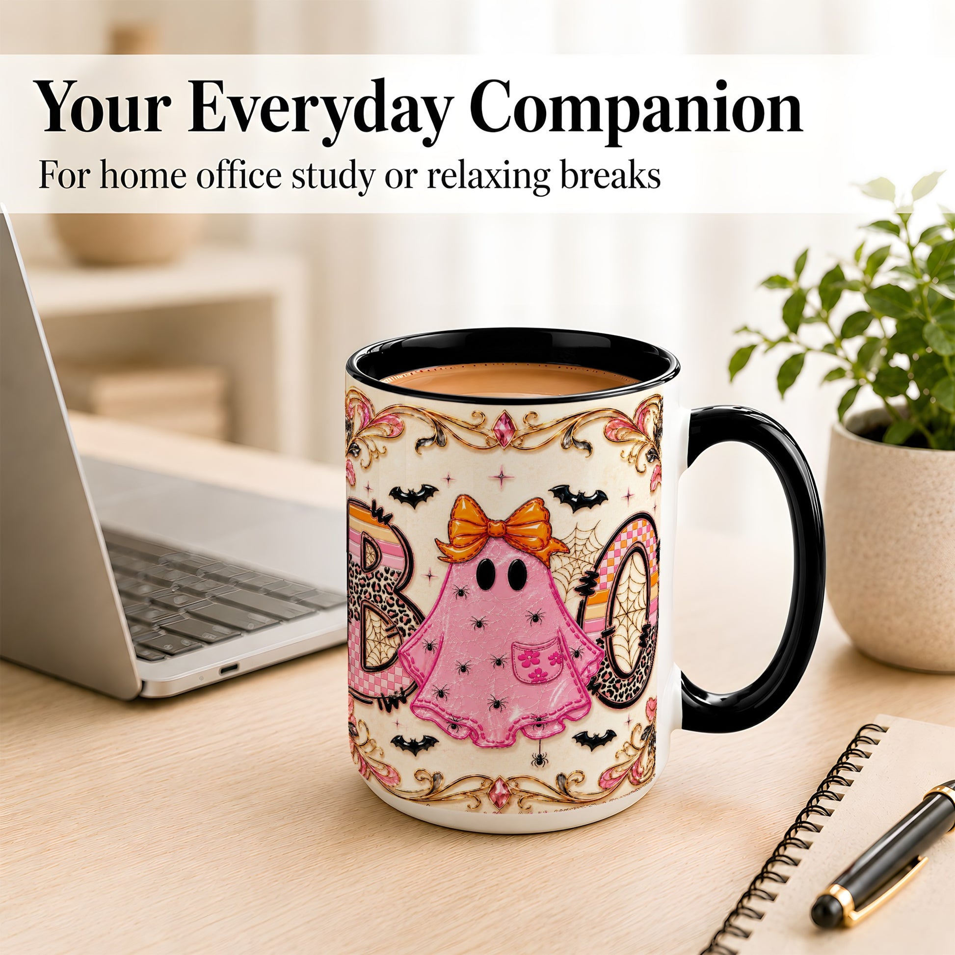 #pl[15oz|Black] Pink Ghost Halloween Coffee Mug, Bow Ghost Mug, Ceramic Cup