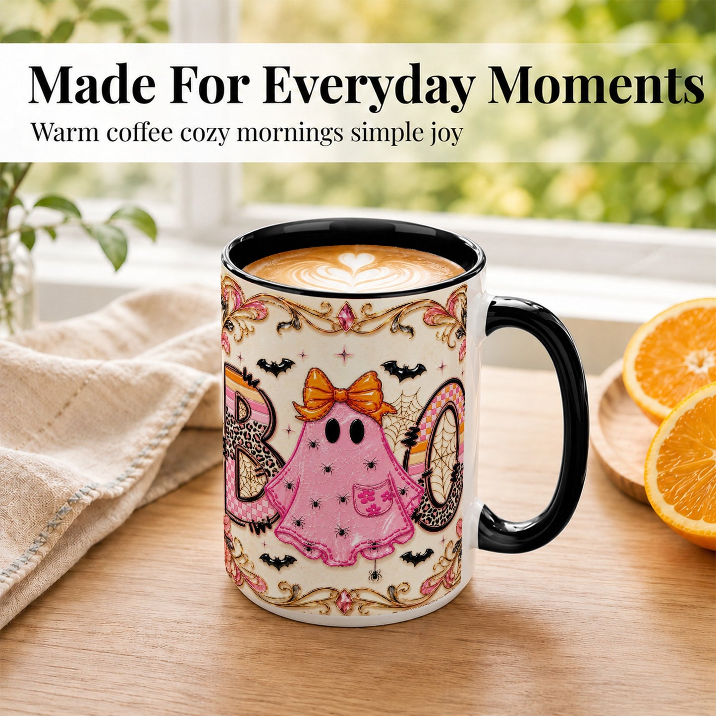 #pl[15oz|Black] Pink Ghost Halloween Coffee Mug, Bow Ghost Mug, Ceramic Cup
