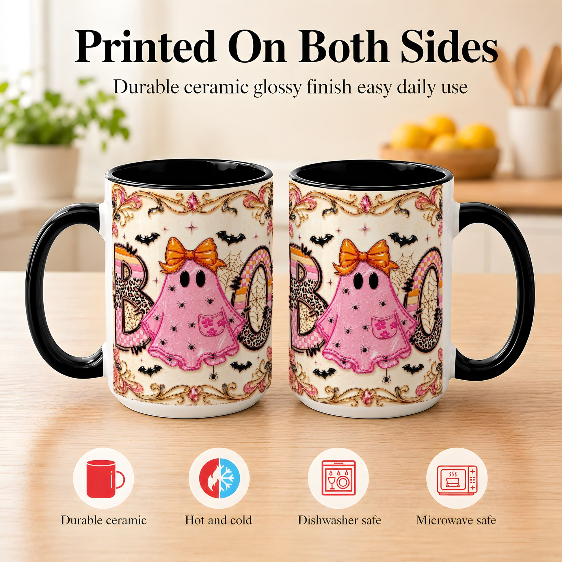#pl[15oz|Black] Pink Ghost Halloween Coffee Mug, Bow Ghost Mug, Ceramic Cup