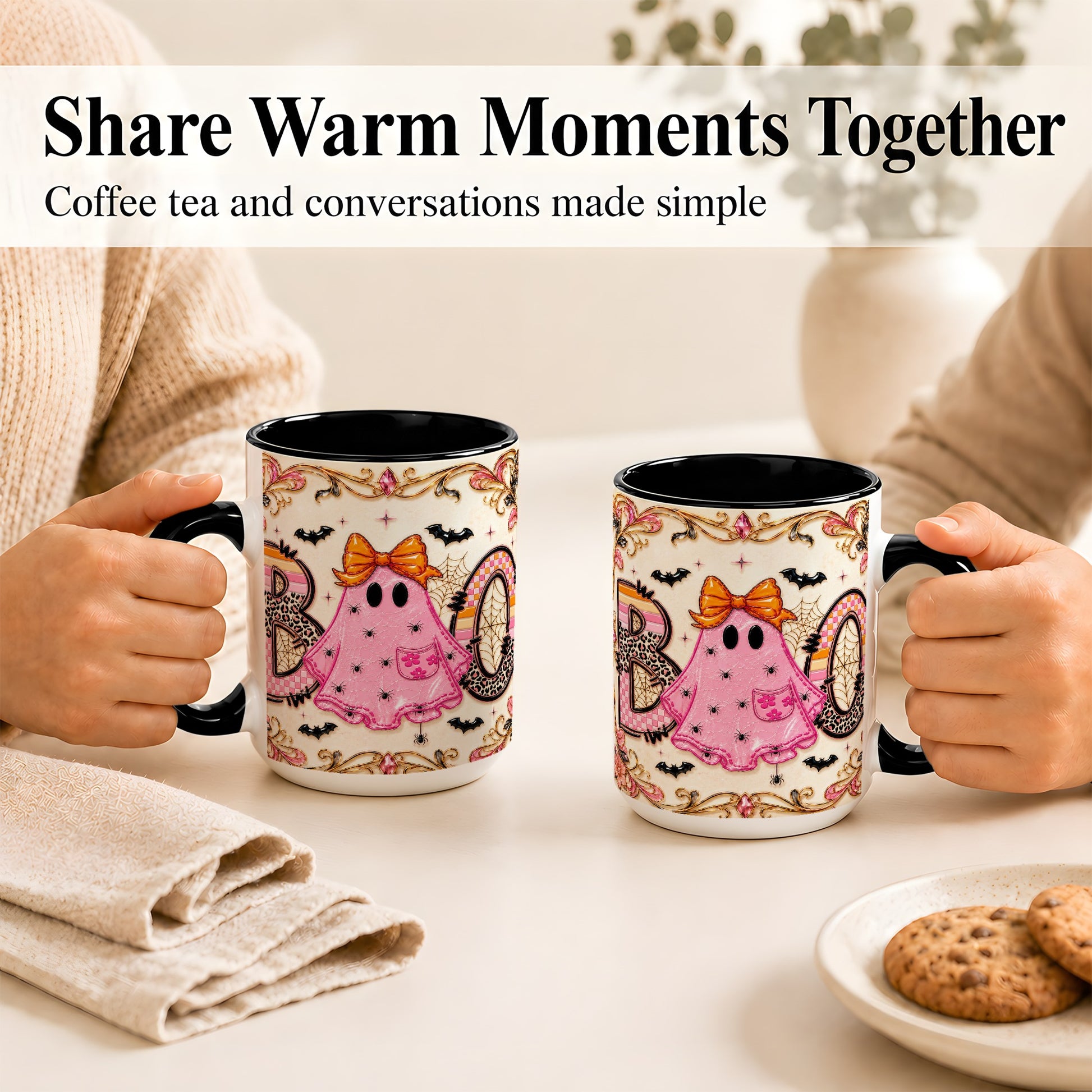 #pl[15oz|Black] Pink Ghost Halloween Coffee Mug, Bow Ghost Mug, Ceramic Cup