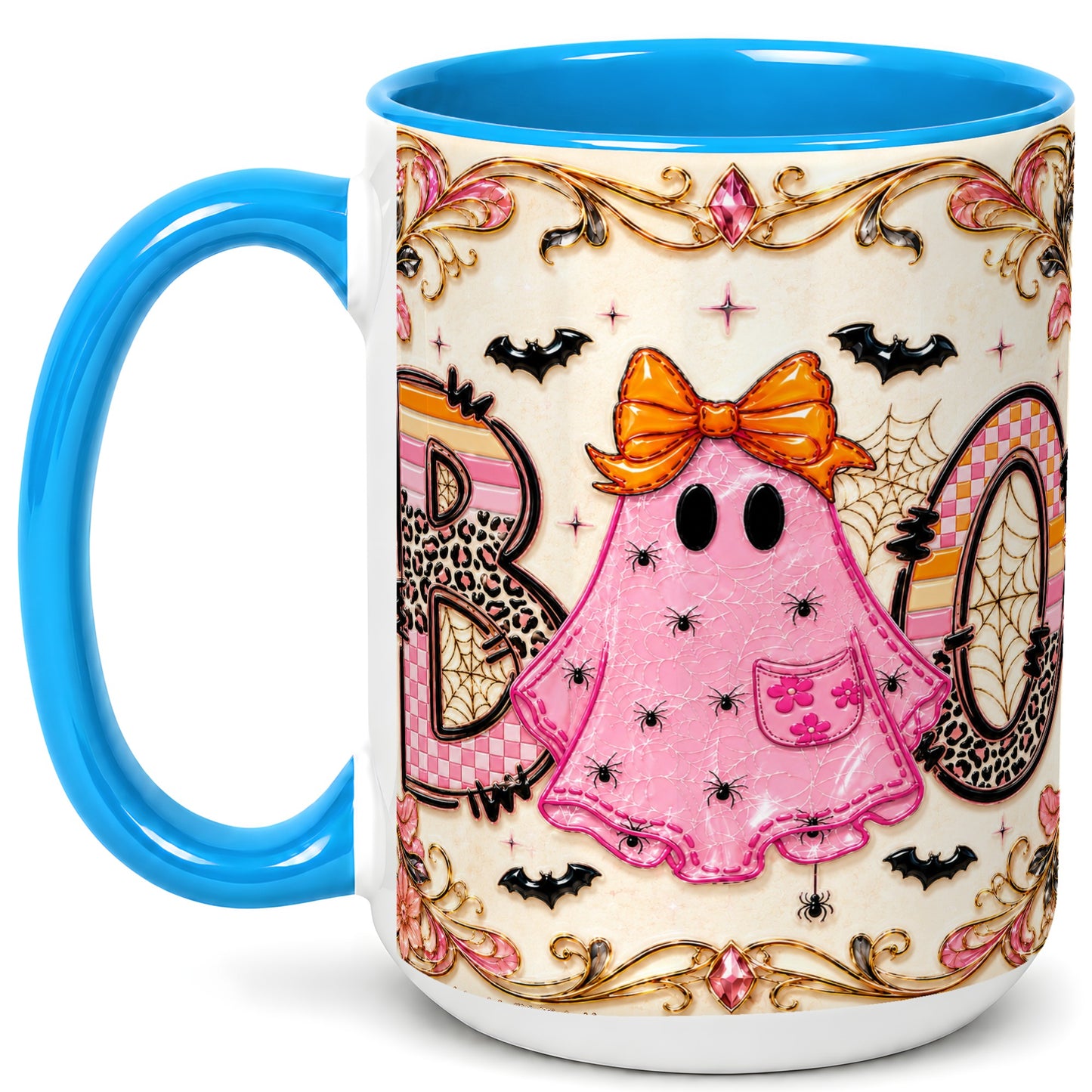 #pl[15oz|Blue] Pink Ghost Halloween Coffee Mug, Bow Ghost Mug, Ceramic Cup