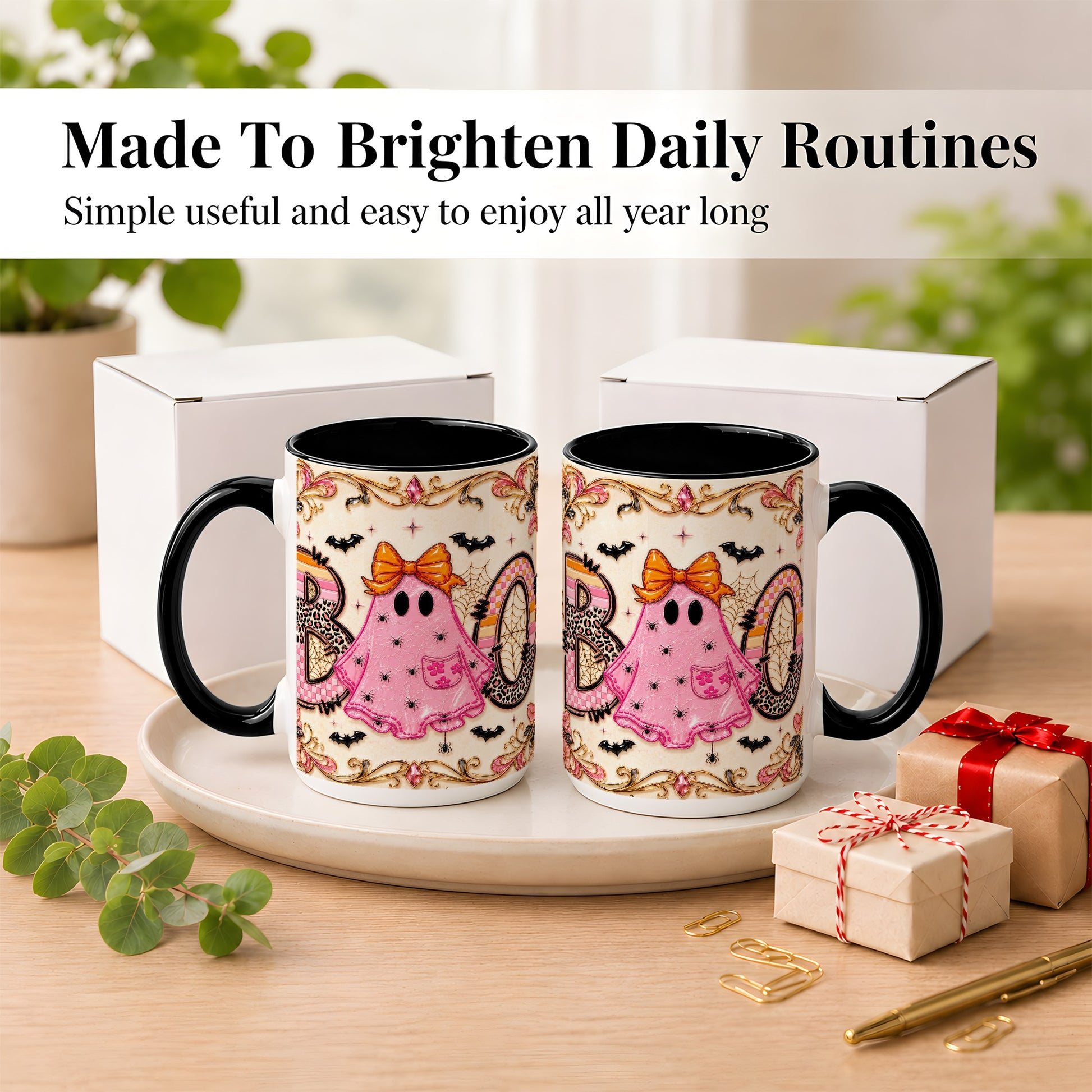 #pl[15oz|Black] Pink Ghost Halloween Coffee Mug, Bow Ghost Mug, Ceramic Cup