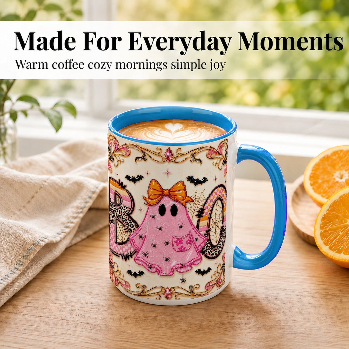 #pl[15oz|Blue] Pink Ghost Halloween Coffee Mug, Bow Ghost Mug, Ceramic Cup