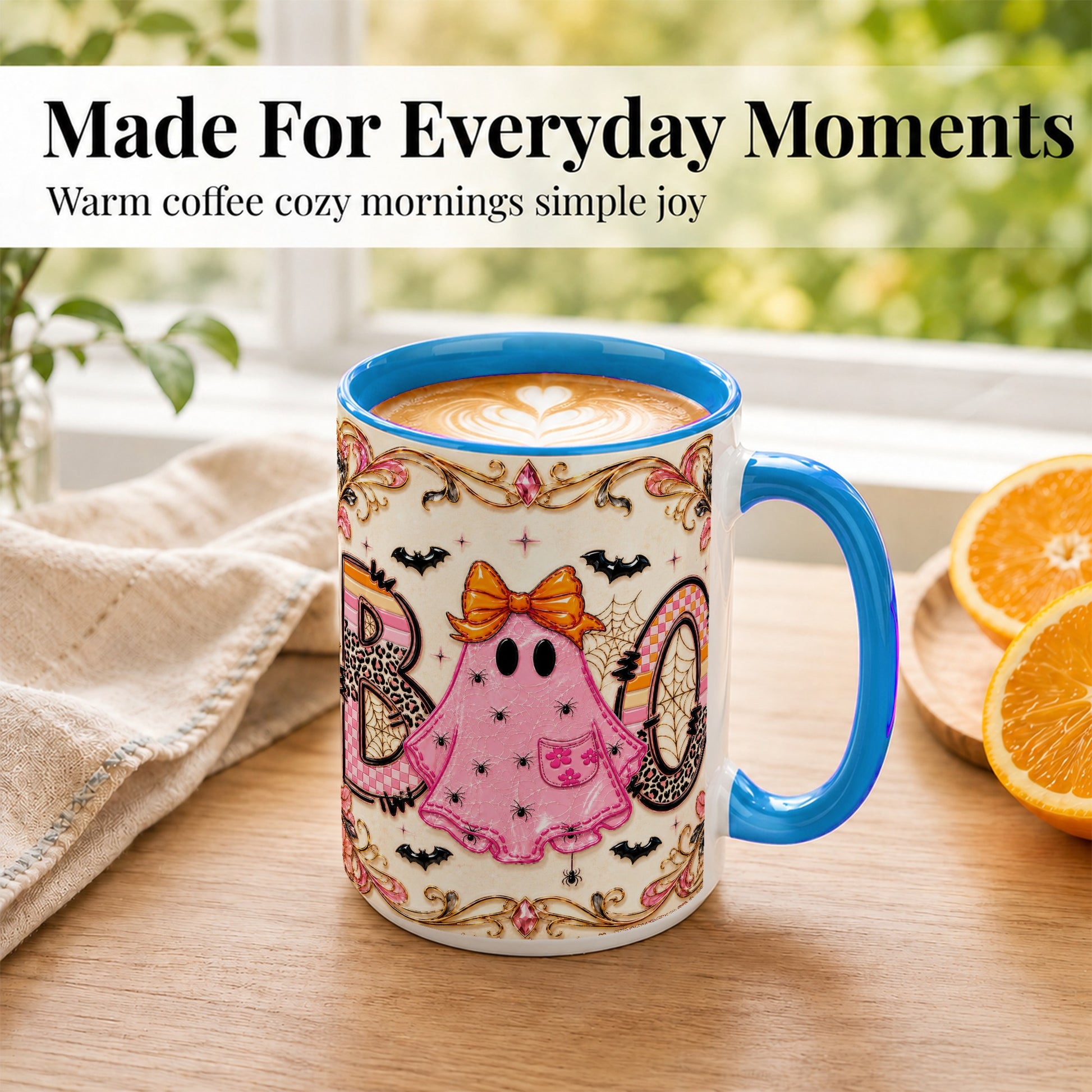 #pl[15oz|Blue] Pink Ghost Halloween Coffee Mug, Bow Ghost Mug, Ceramic Cup