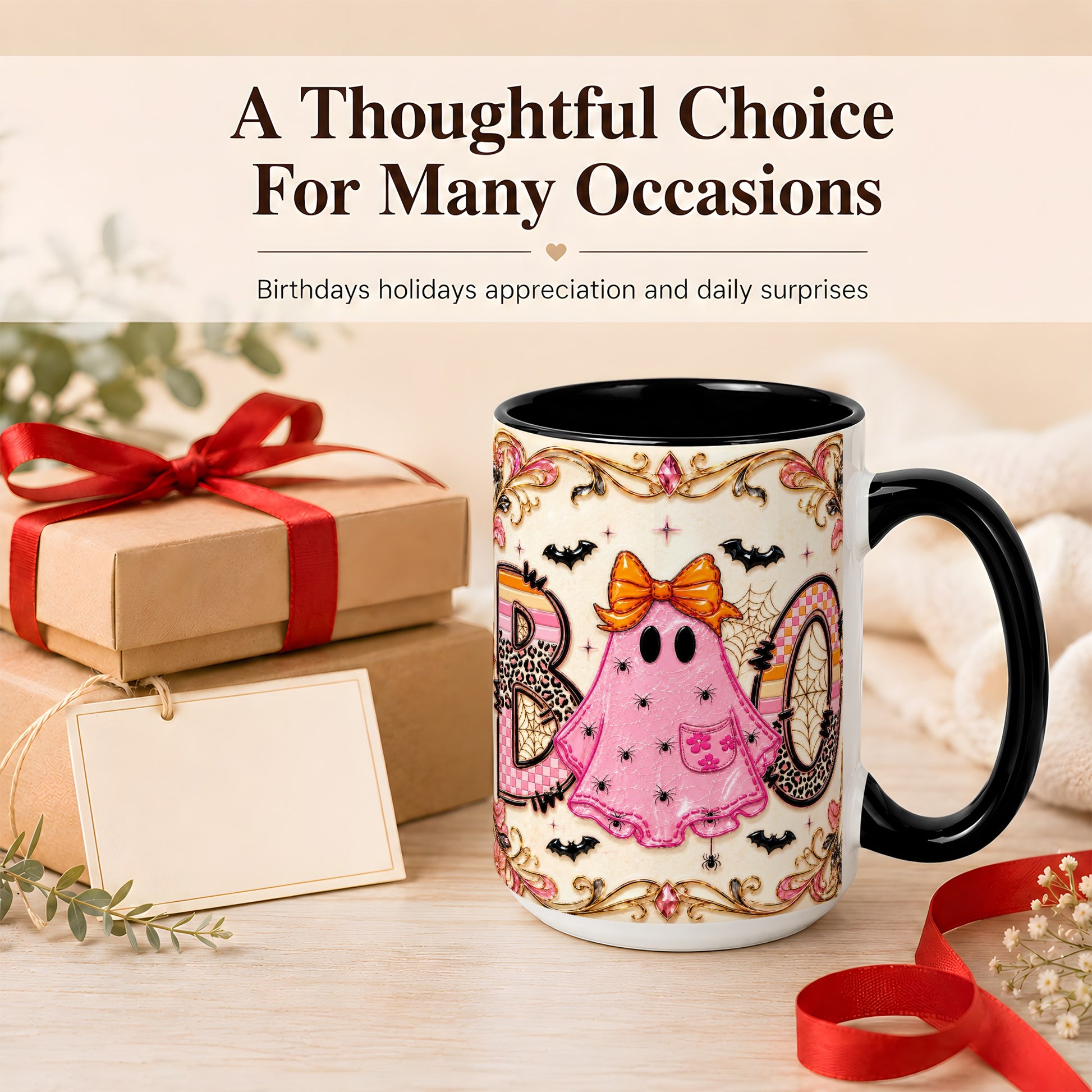 #pl[15oz|Black] Pink Ghost Halloween Coffee Mug, Bow Ghost Mug, Ceramic Cup