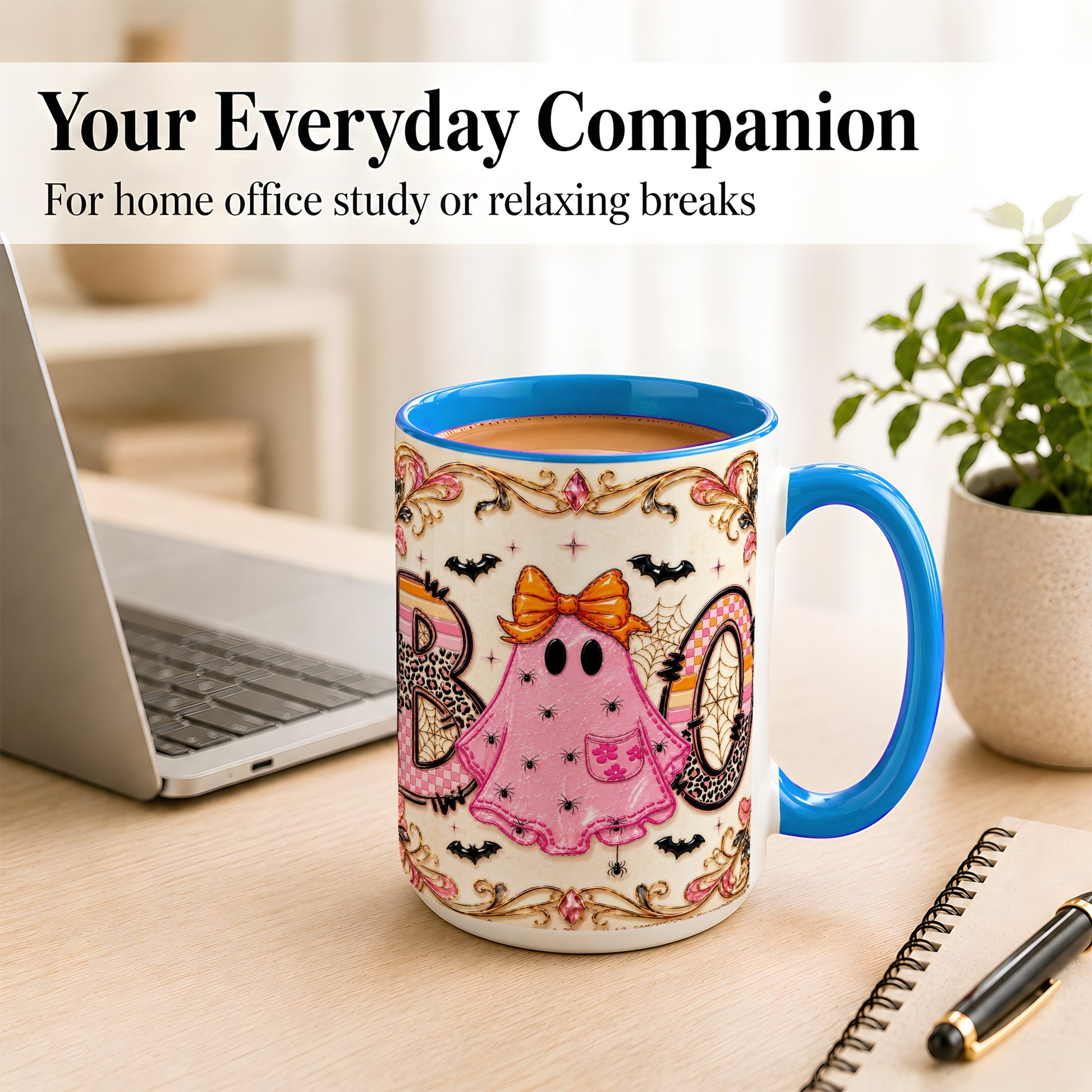 #pl[15oz|Blue] Pink Ghost Halloween Coffee Mug, Bow Ghost Mug, Ceramic Cup