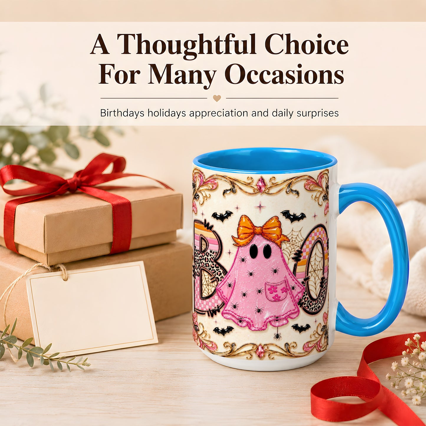 #pl[15oz|Blue] Pink Ghost Halloween Coffee Mug, Bow Ghost Mug, Ceramic Cup