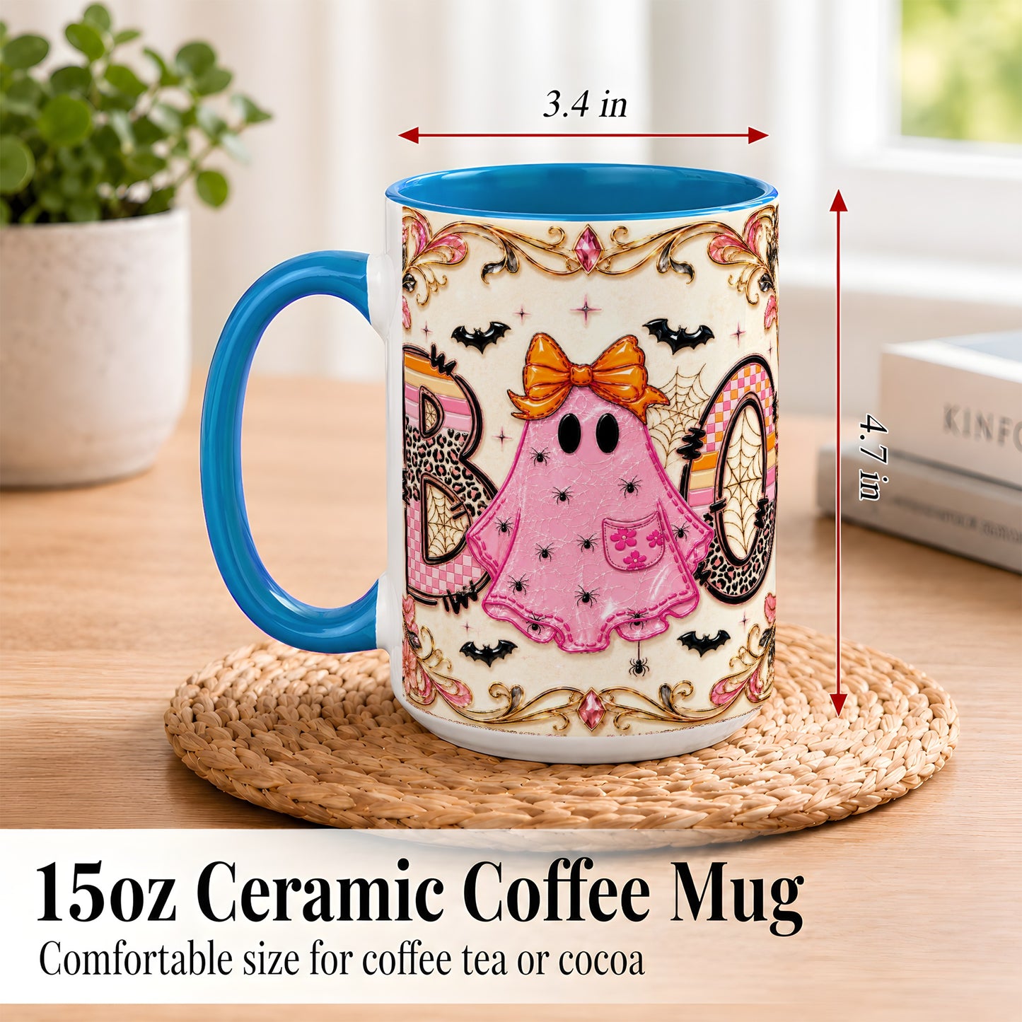 #pl[15oz|Blue] Pink Ghost Halloween Coffee Mug, Bow Ghost Mug, Ceramic Cup