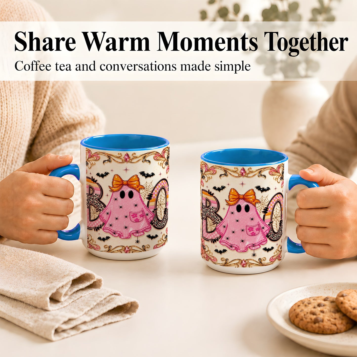 #pl[15oz|Blue] Pink Ghost Halloween Coffee Mug, Bow Ghost Mug, Ceramic Cup
