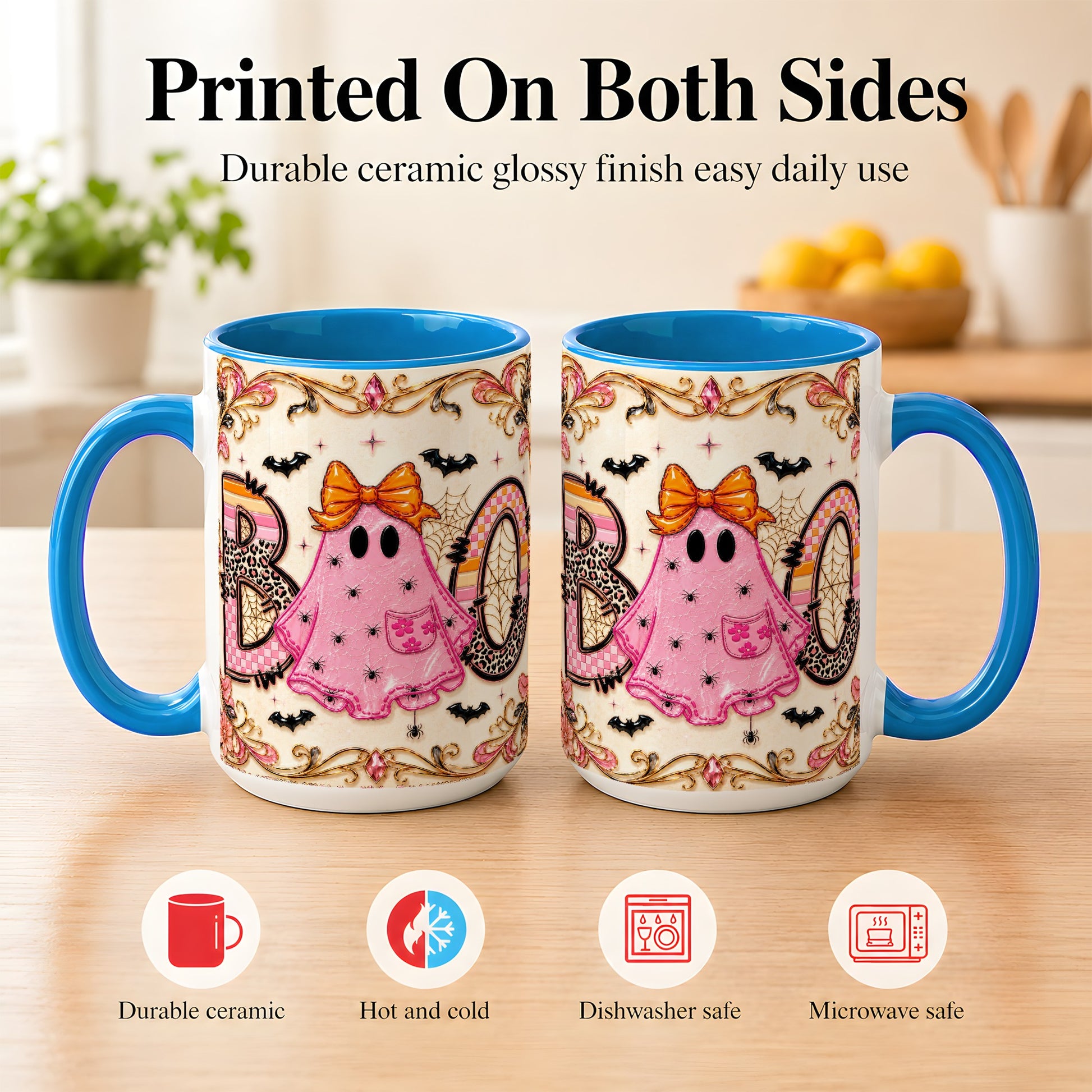 #pl[15oz|Blue] Pink Ghost Halloween Coffee Mug, Bow Ghost Mug, Ceramic Cup
