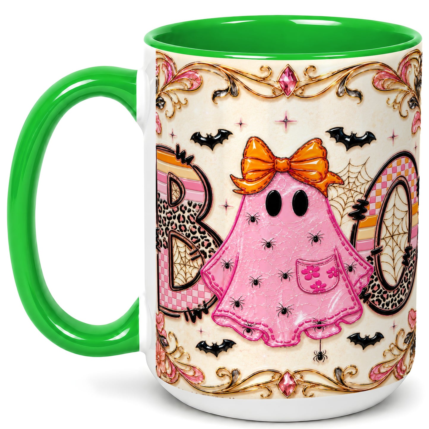 #pl[15oz|Green] Pink Ghost Halloween Coffee Mug, Bow Ghost Mug, Ceramic Cup