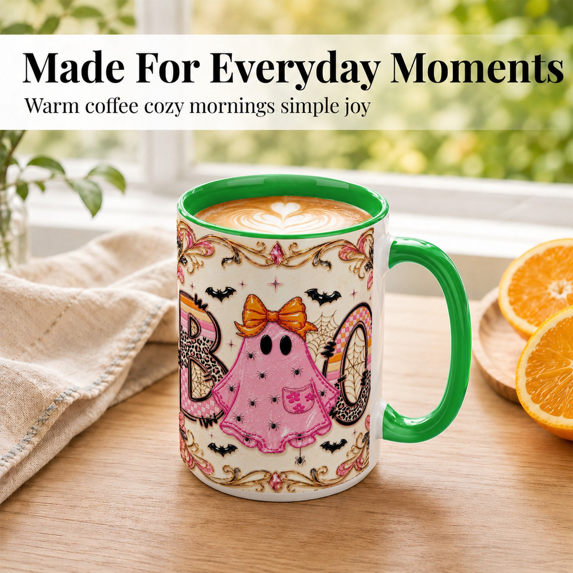 #pl[15oz|Green] Pink Ghost Halloween Coffee Mug, Bow Ghost Mug, Ceramic Cup