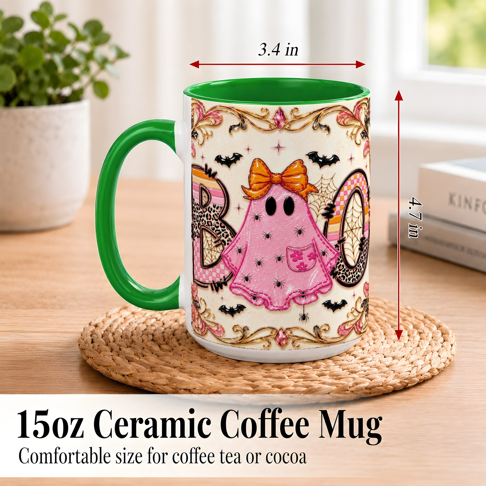 #pl[15oz|Green] Pink Ghost Halloween Coffee Mug, Bow Ghost Mug, Ceramic Cup