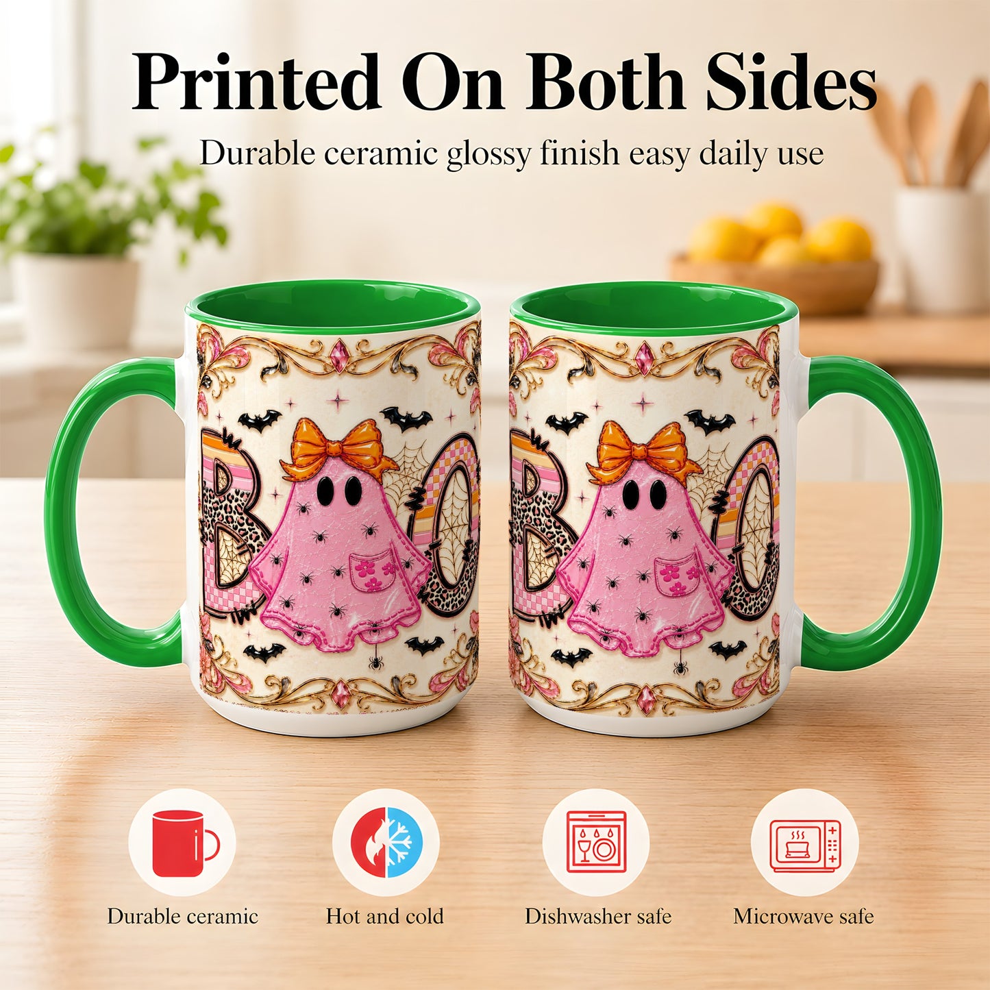#pl[15oz|Green] Pink Ghost Halloween Coffee Mug, Bow Ghost Mug, Ceramic Cup