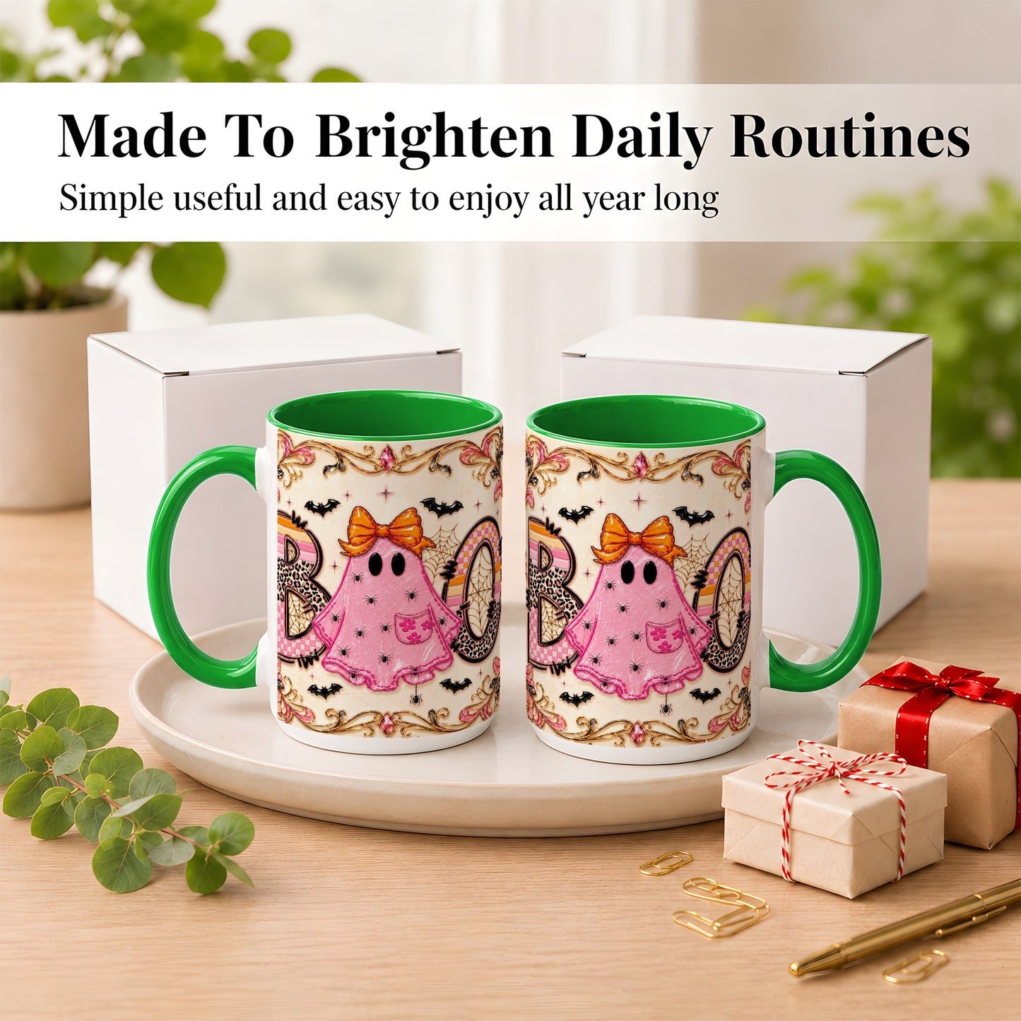 #pl[15oz|Green] Pink Ghost Halloween Coffee Mug, Bow Ghost Mug, Ceramic Cup