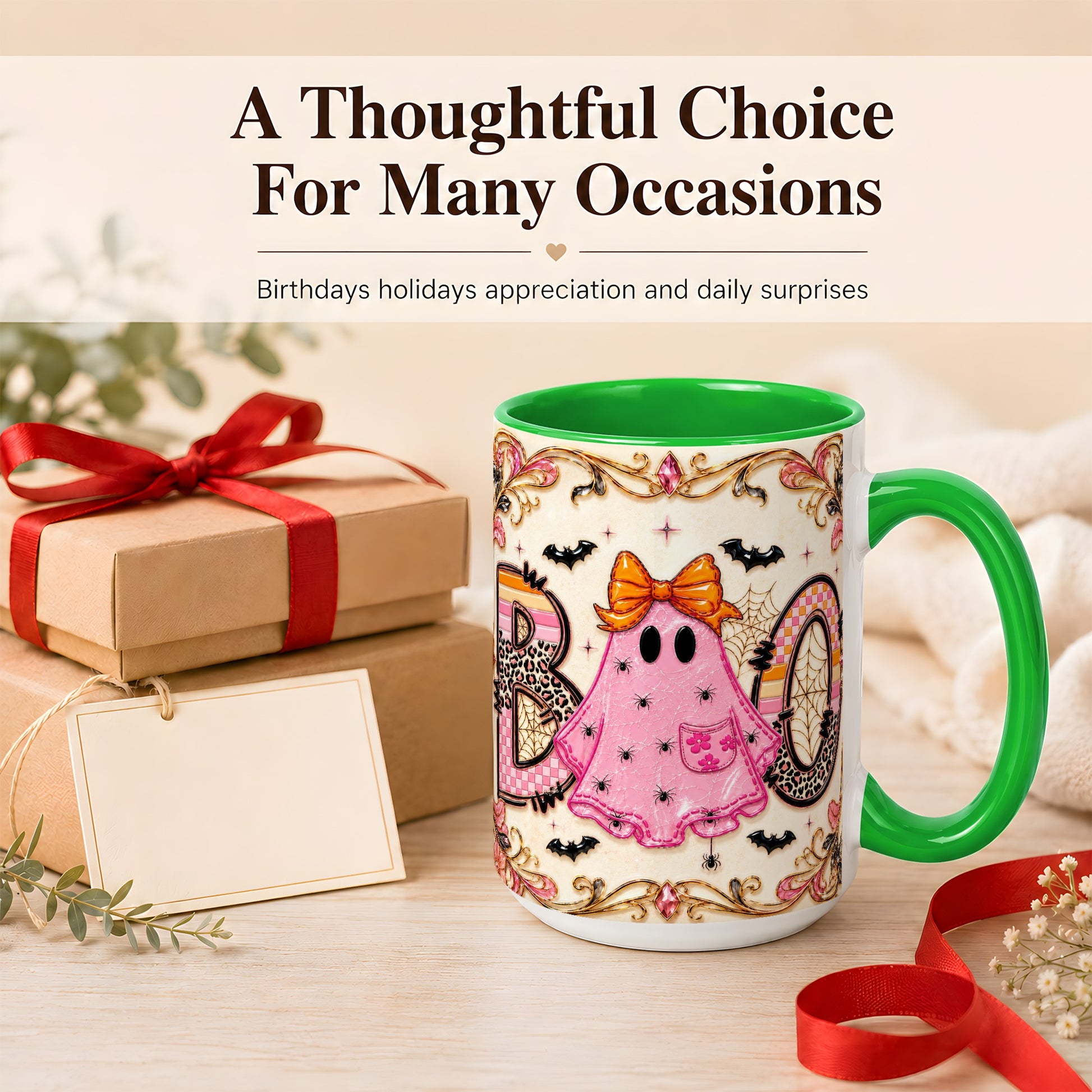 #pl[15oz|Green] Pink Ghost Halloween Coffee Mug, Bow Ghost Mug, Ceramic Cup
