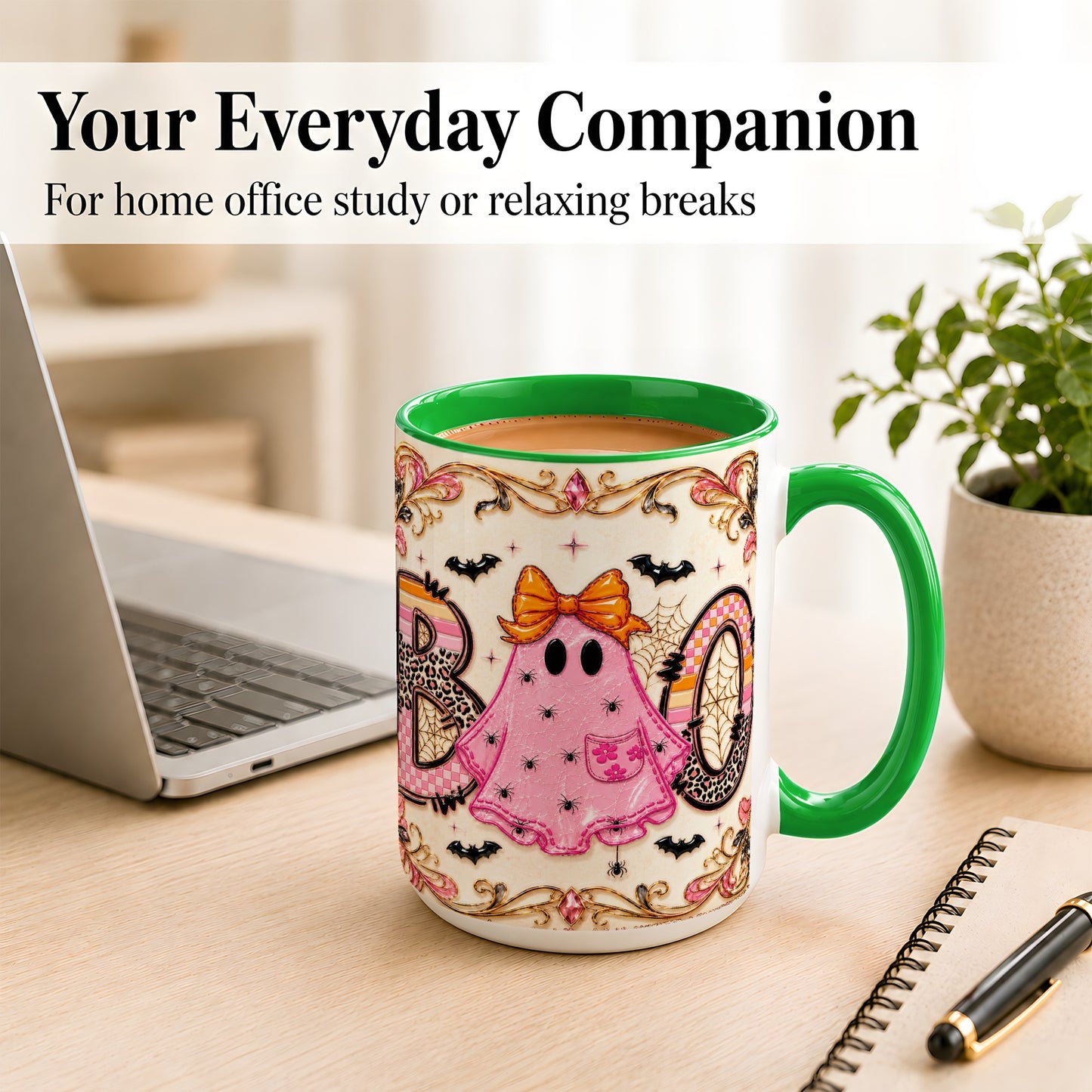#pl[15oz|Green] Pink Ghost Halloween Coffee Mug, Bow Ghost Mug, Ceramic Cup