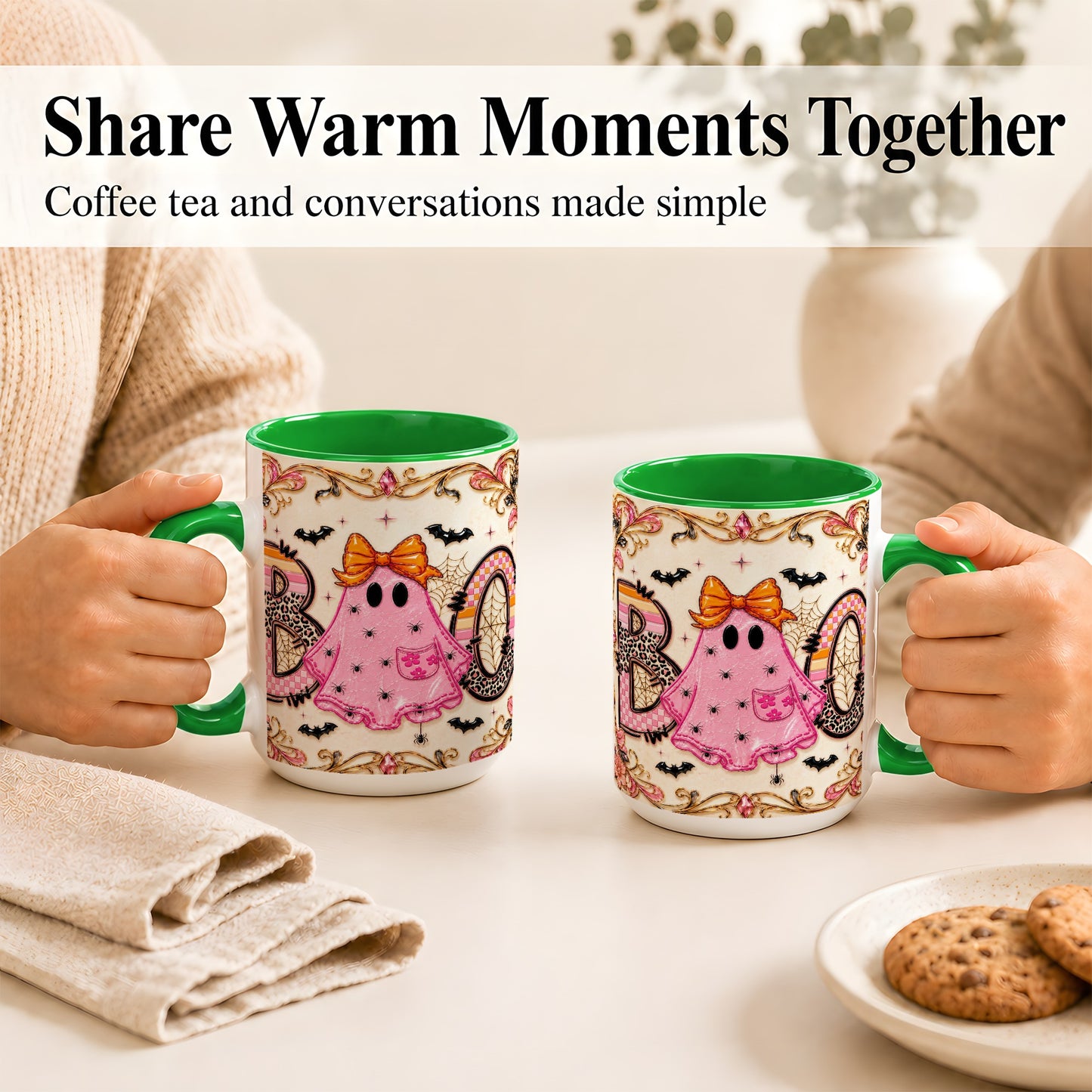 #pl[15oz|Green] Pink Ghost Halloween Coffee Mug, Bow Ghost Mug, Ceramic Cup