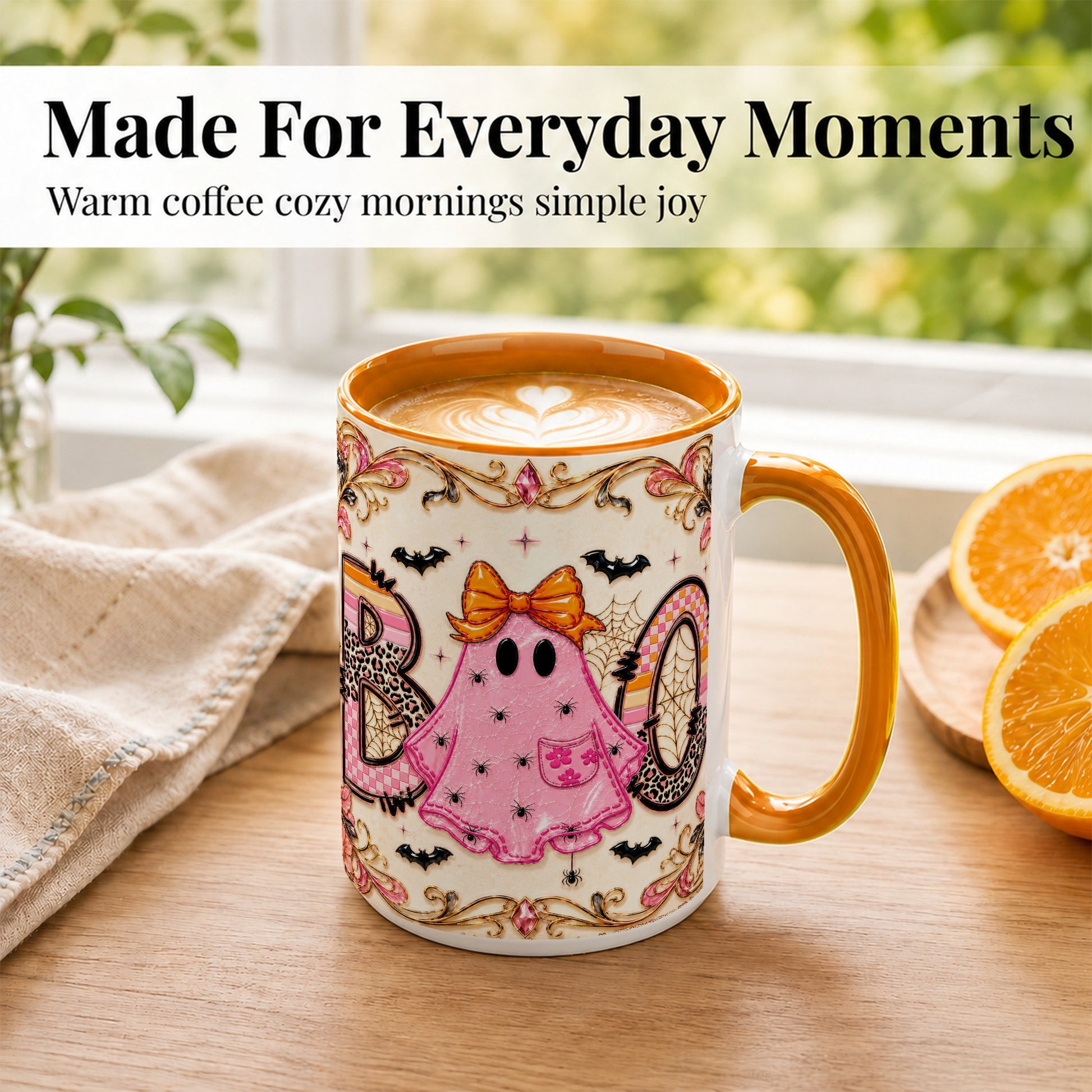 #pl[15oz|Orange] Pink Ghost Halloween Coffee Mug, Bow Ghost Mug, Ceramic Cup