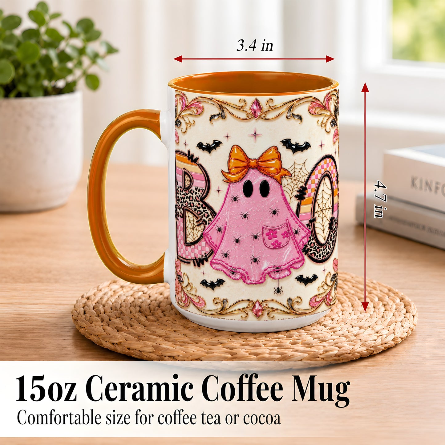#pl[15oz|Orange] Pink Ghost Halloween Coffee Mug, Bow Ghost Mug, Ceramic Cup
