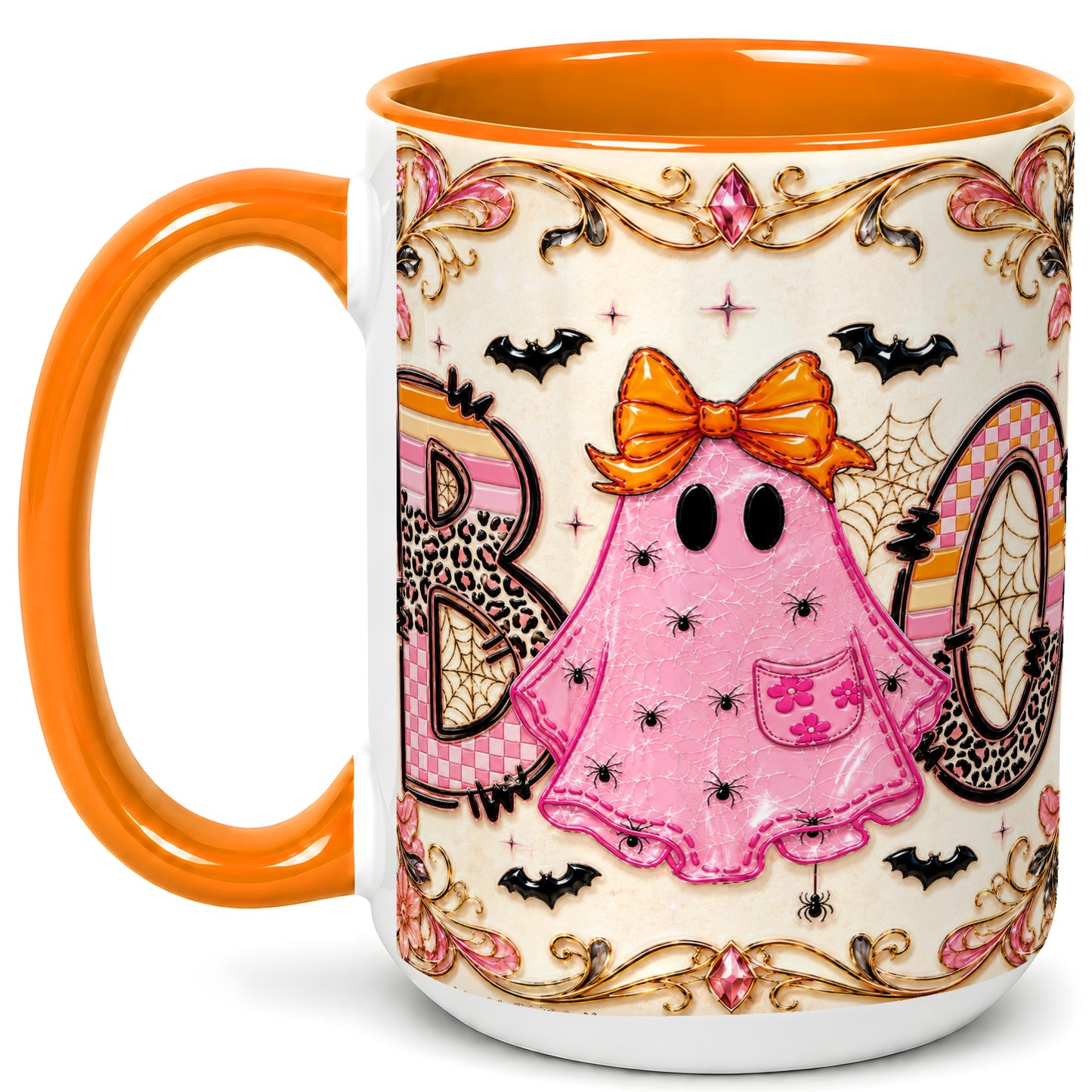 #pl[15oz|Orange] Pink Ghost Halloween Coffee Mug, Bow Ghost Mug, Ceramic Cup