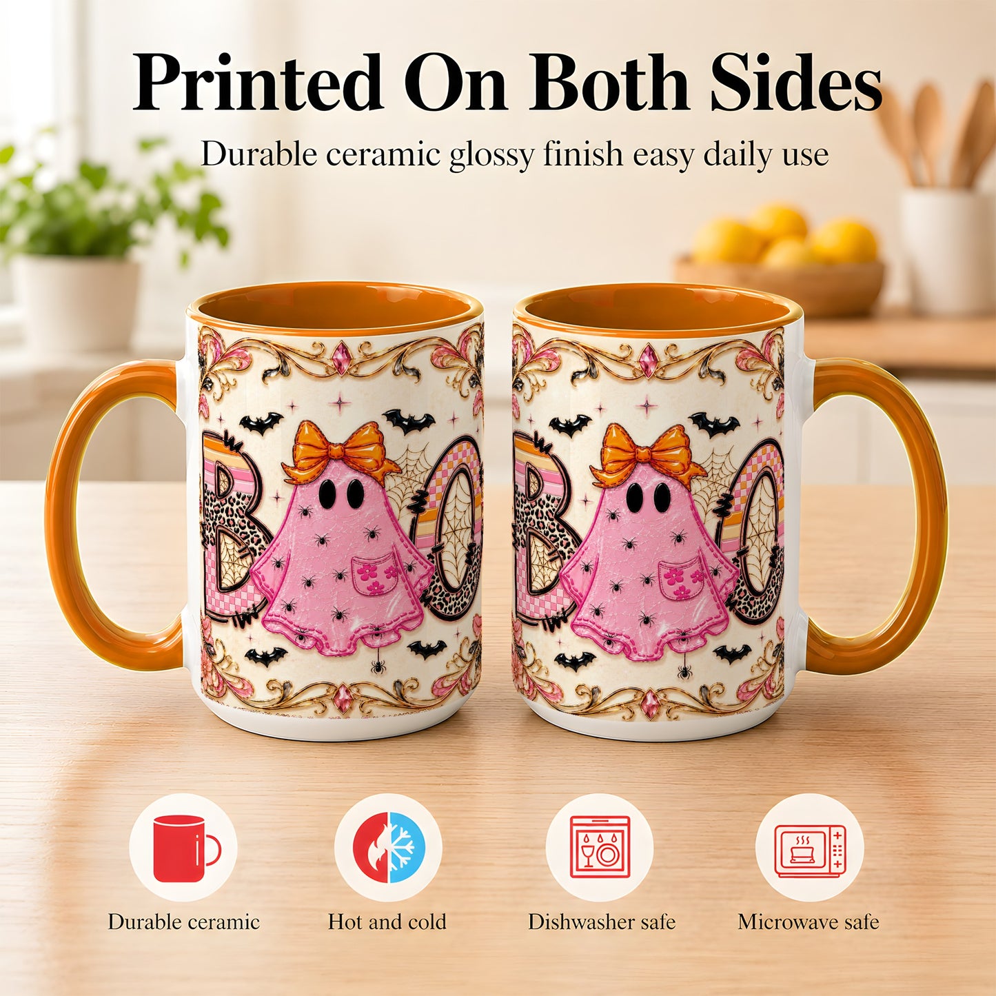 #pl[15oz|Orange] Pink Ghost Halloween Coffee Mug, Bow Ghost Mug, Ceramic Cup